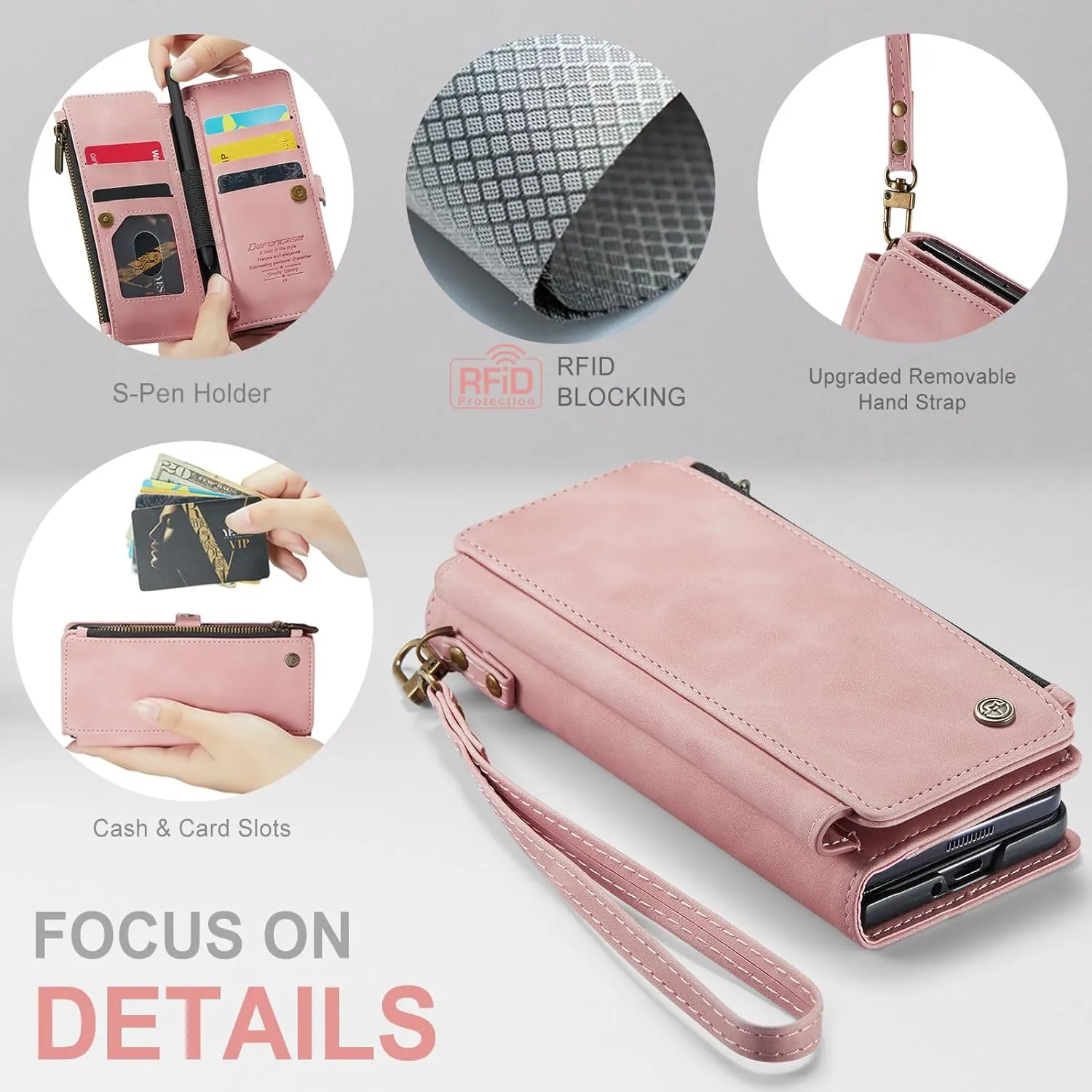 Galaxy Z fold 5 Case, Z fold 5 Pen Holder Slot  Wristlet PU Leather Case