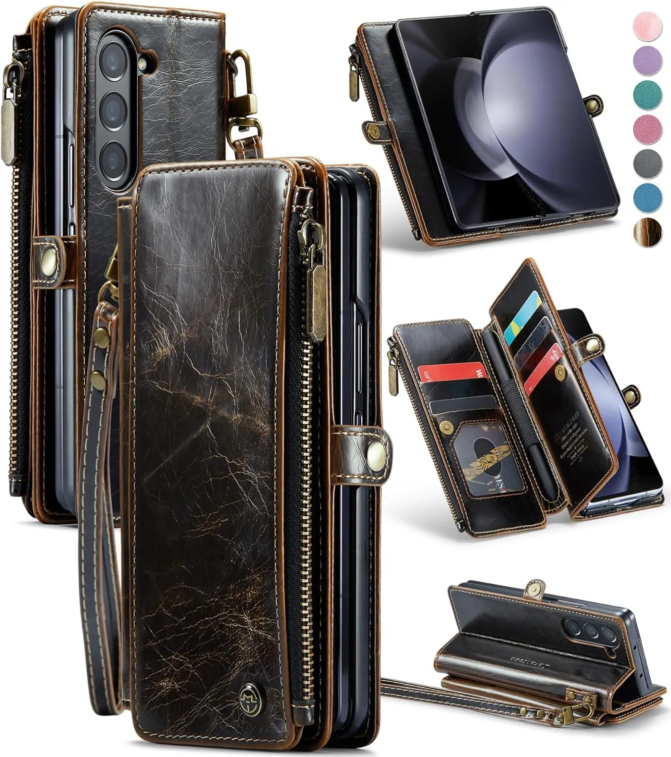 Galaxy Z fold 5 Case, Z fold 5 Pen Holder Slot  Wristlet PU Leather Case