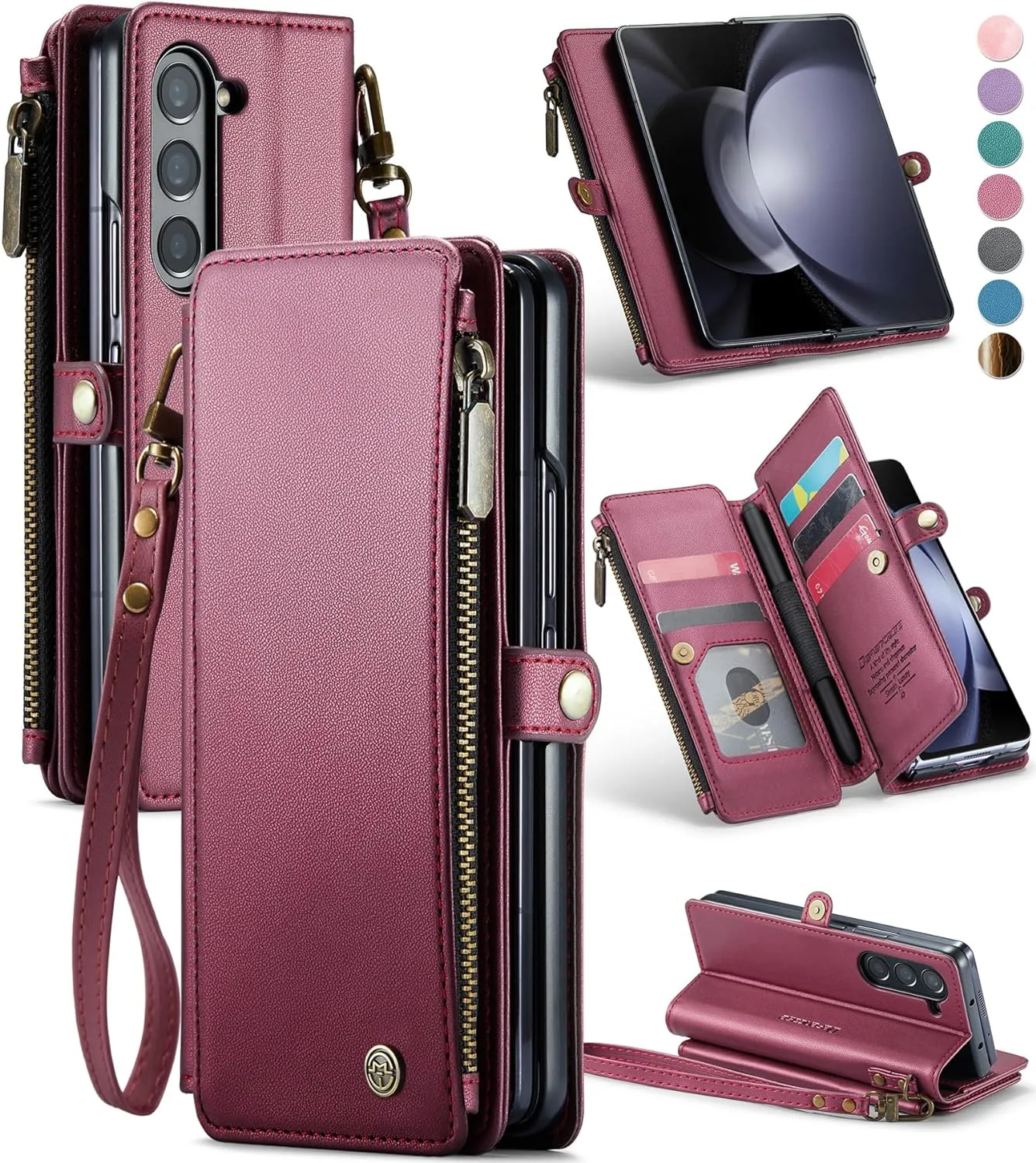 Galaxy Z fold 5 Case, Z fold 5 Pen Holder Slot  Wristlet PU Leather Case