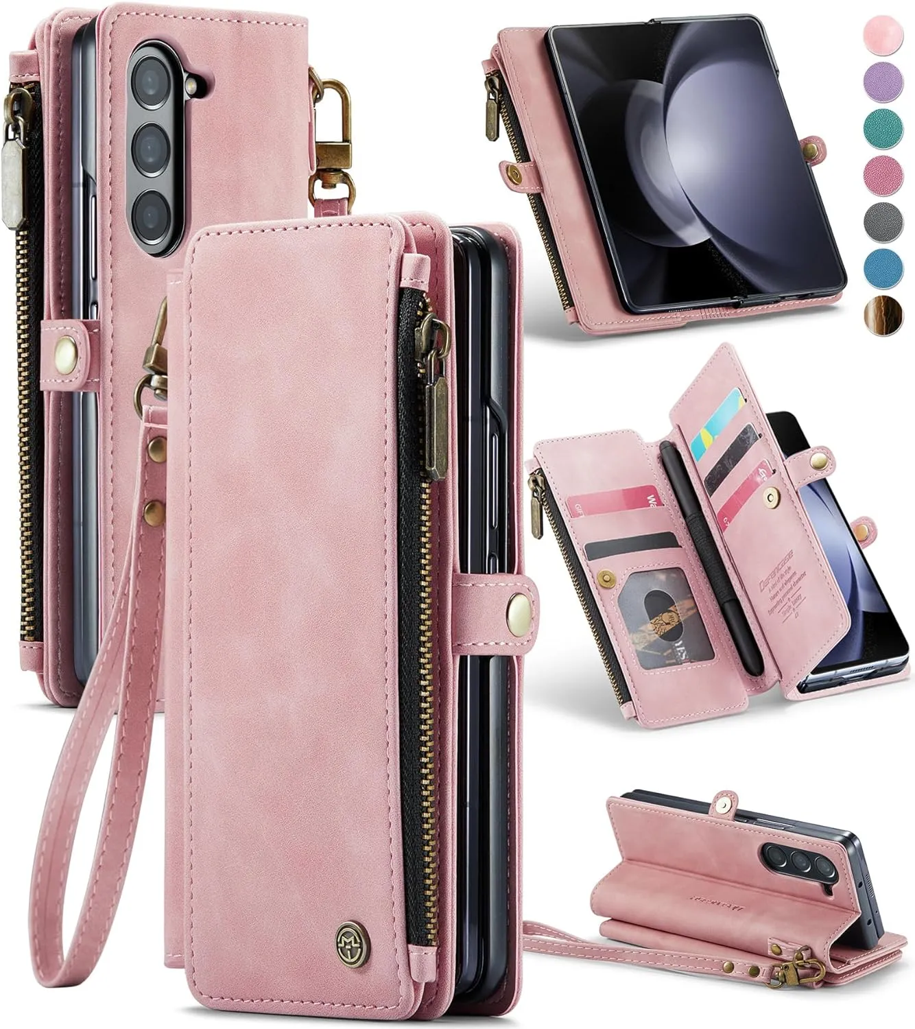 Galaxy Z fold 5 Case, Z fold 5 Pen Holder Slot  Wristlet PU Leather Case