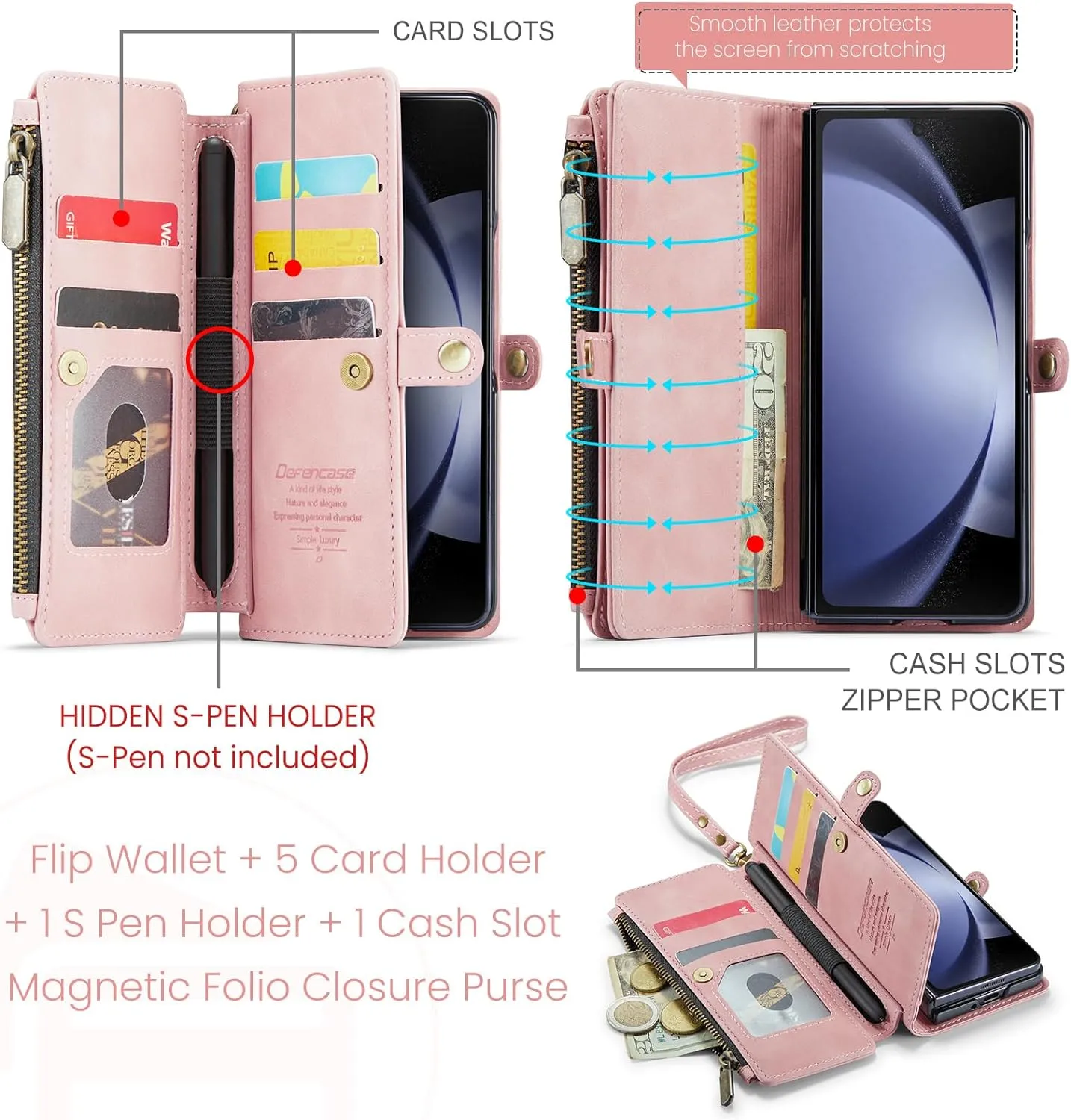 Galaxy Z fold 5 Case, Z fold 5 Pen Holder Slot  Wristlet PU Leather Case