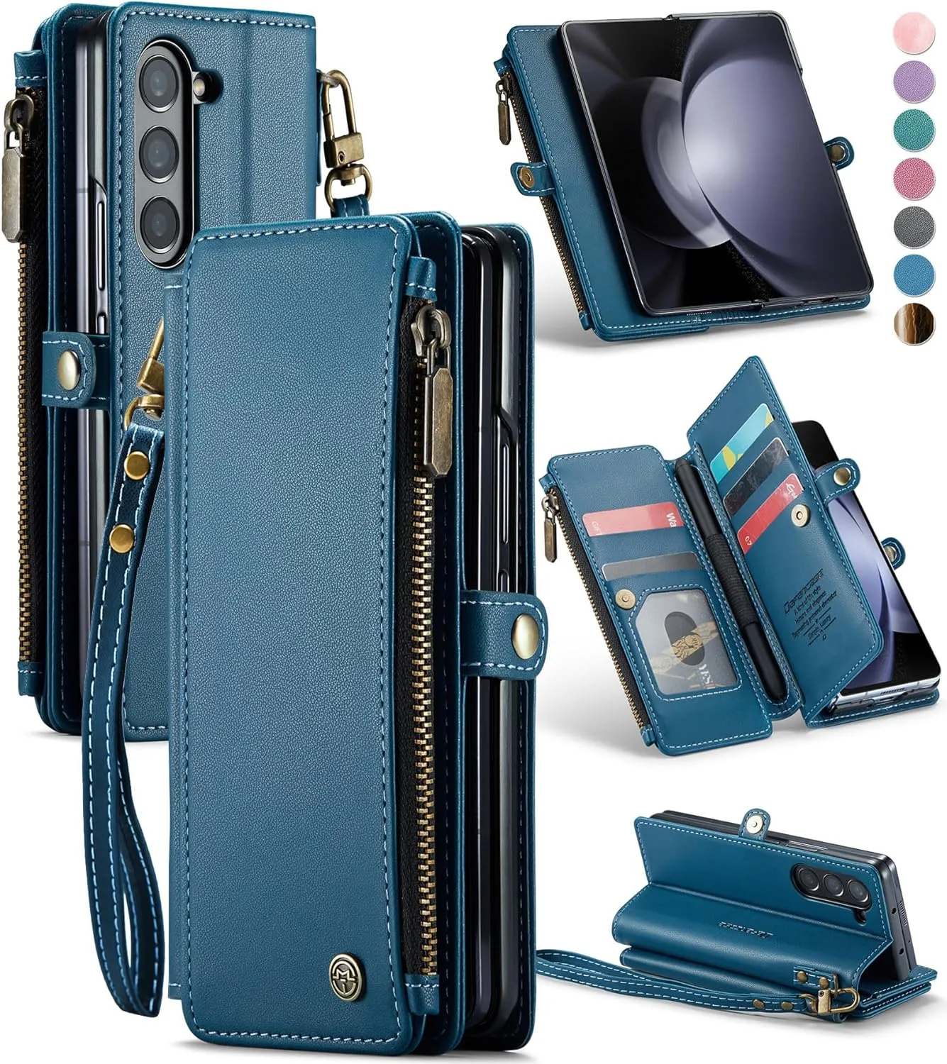 Galaxy Z fold 5 Case, Z fold 5 Pen Holder Slot  Wristlet PU Leather Case