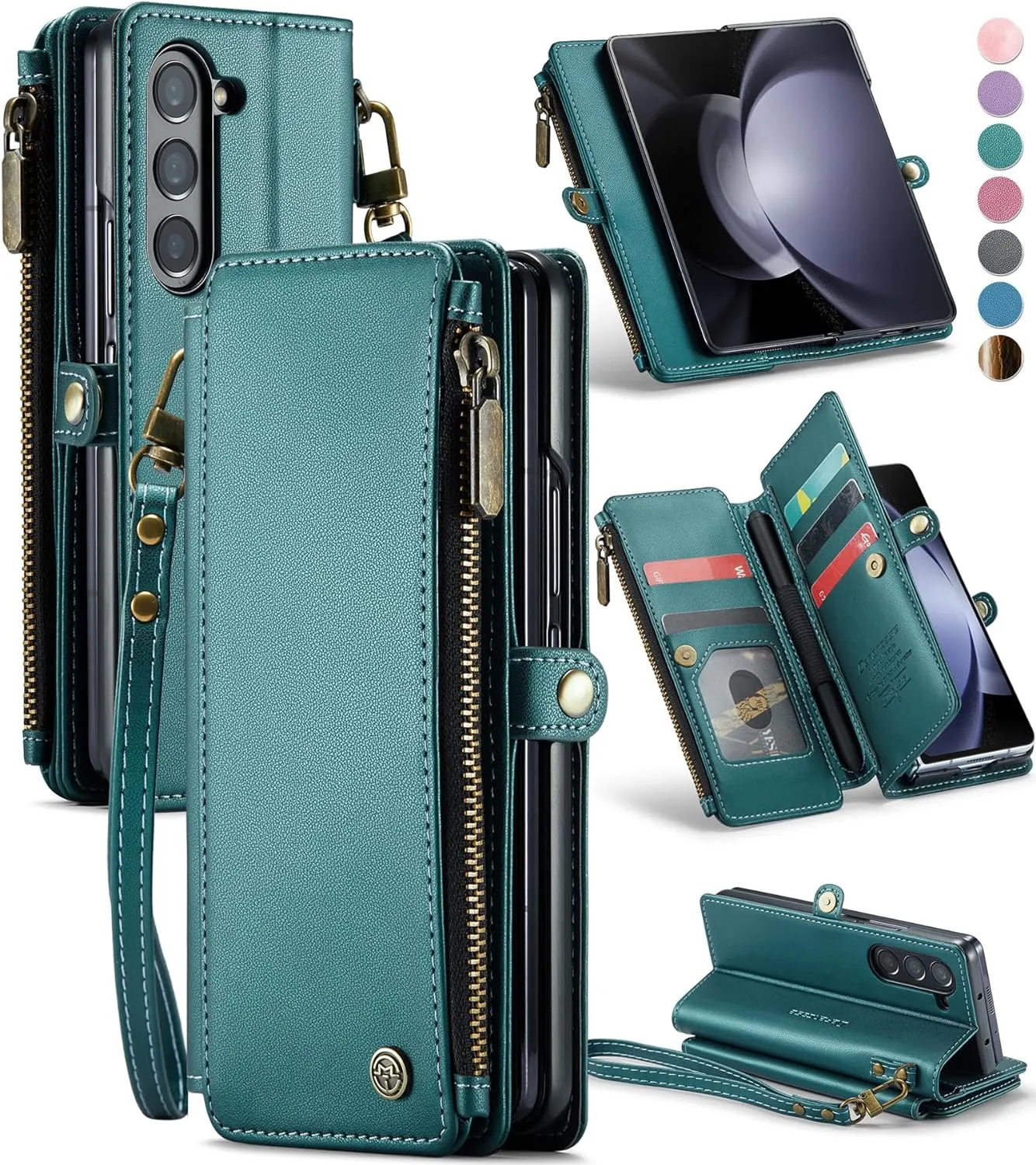 Galaxy Z fold 5 Case, Z fold 5 Pen Holder Slot  Wristlet PU Leather Case