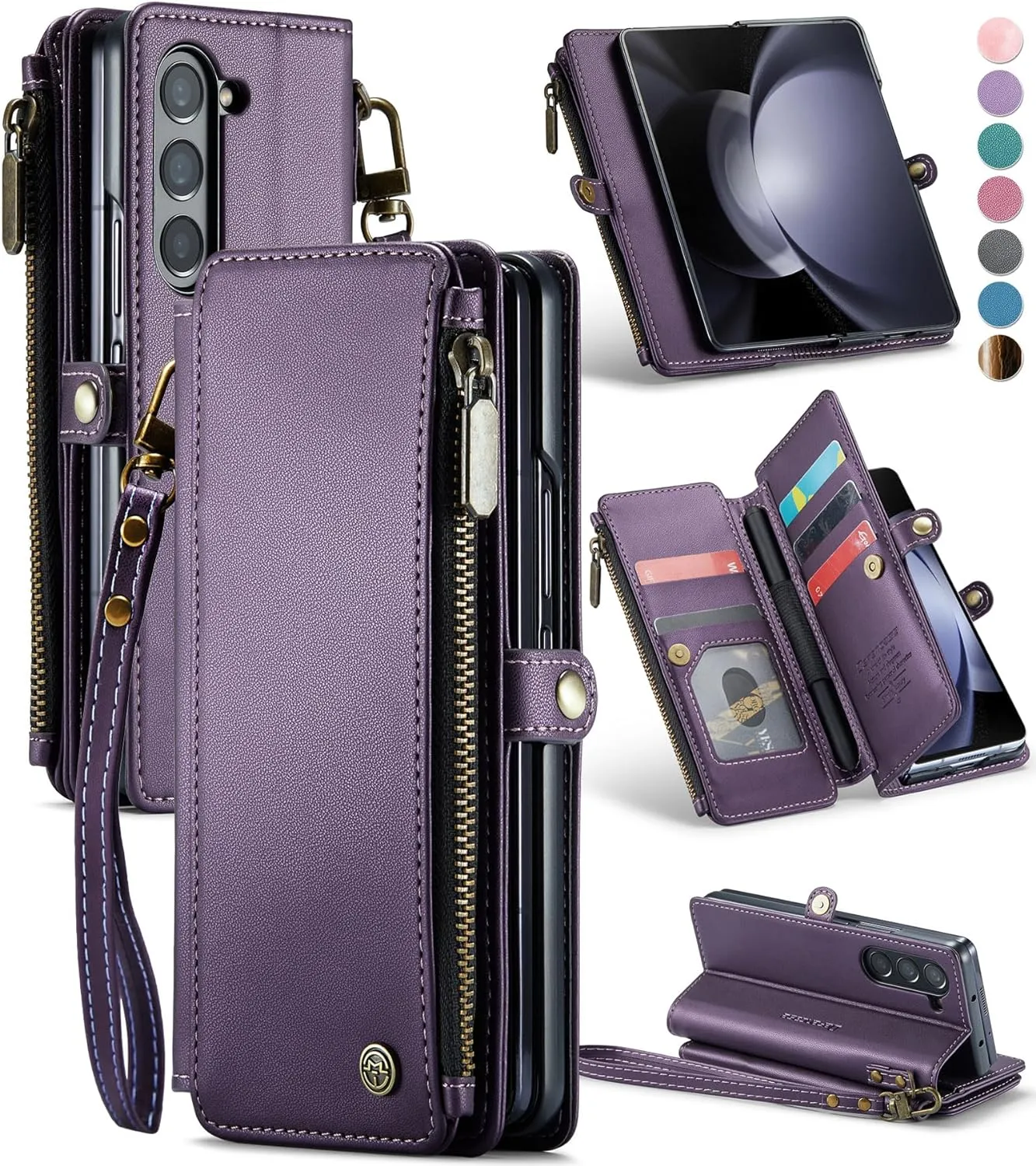 Galaxy Z fold 5 Case, Z fold 5 Pen Holder Slot  Wristlet PU Leather Case