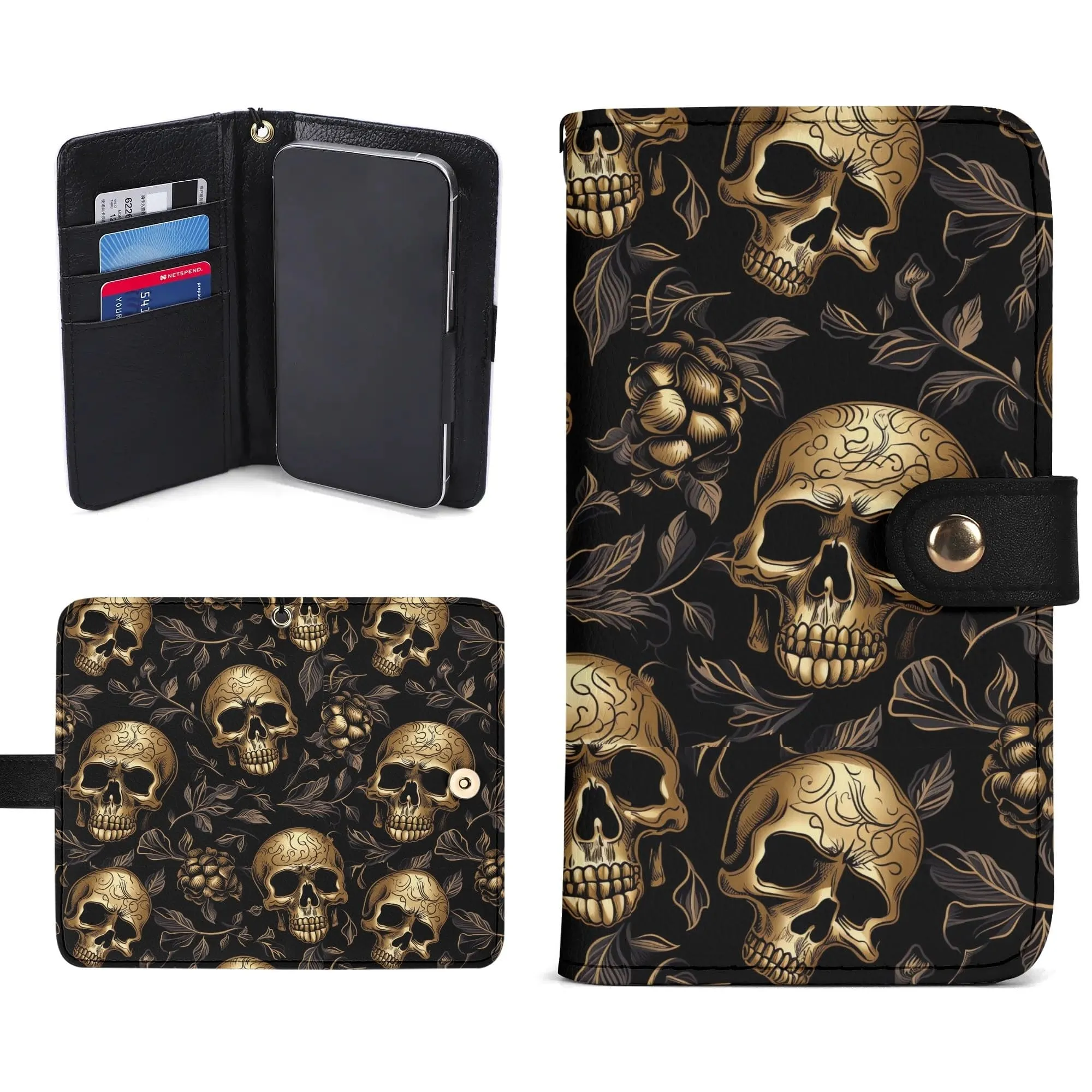 Get The Stylish Gold Skulls Black Phone Flip Case Cover For Your Mobile Phone Now!