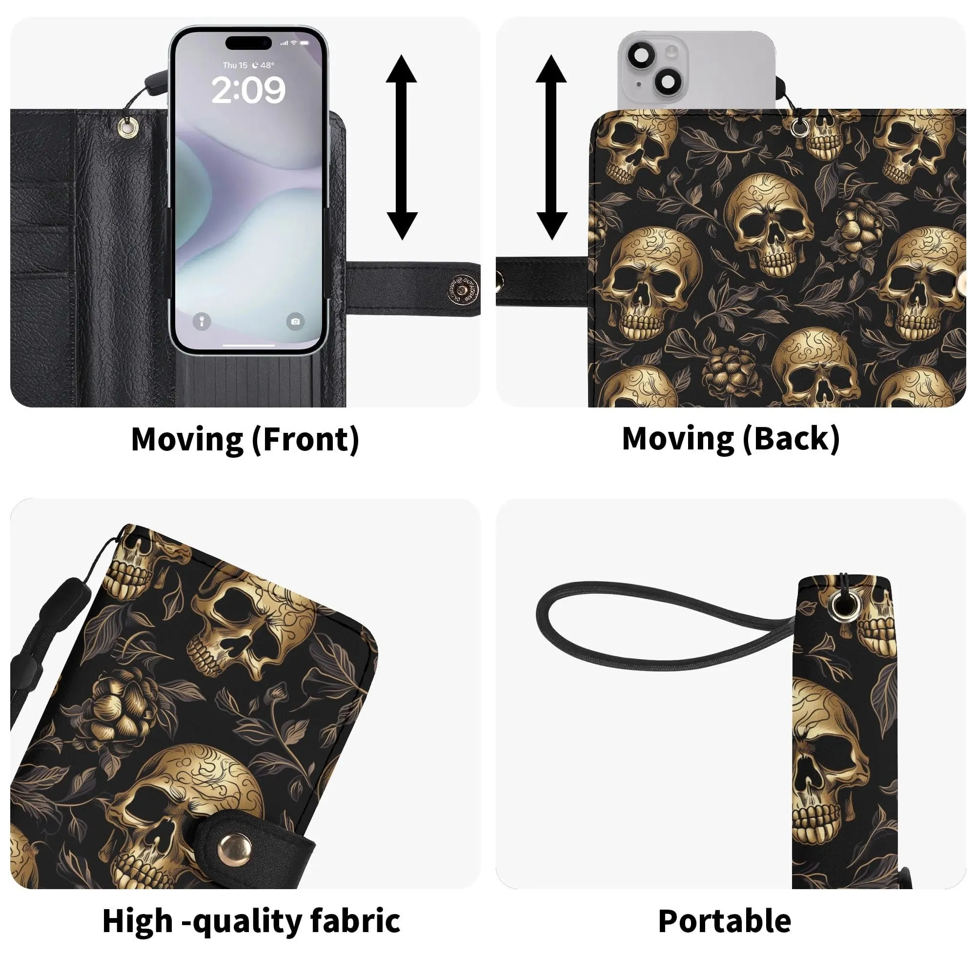 Get The Stylish Gold Skulls Black Phone Flip Case Cover For Your Mobile Phone Now!