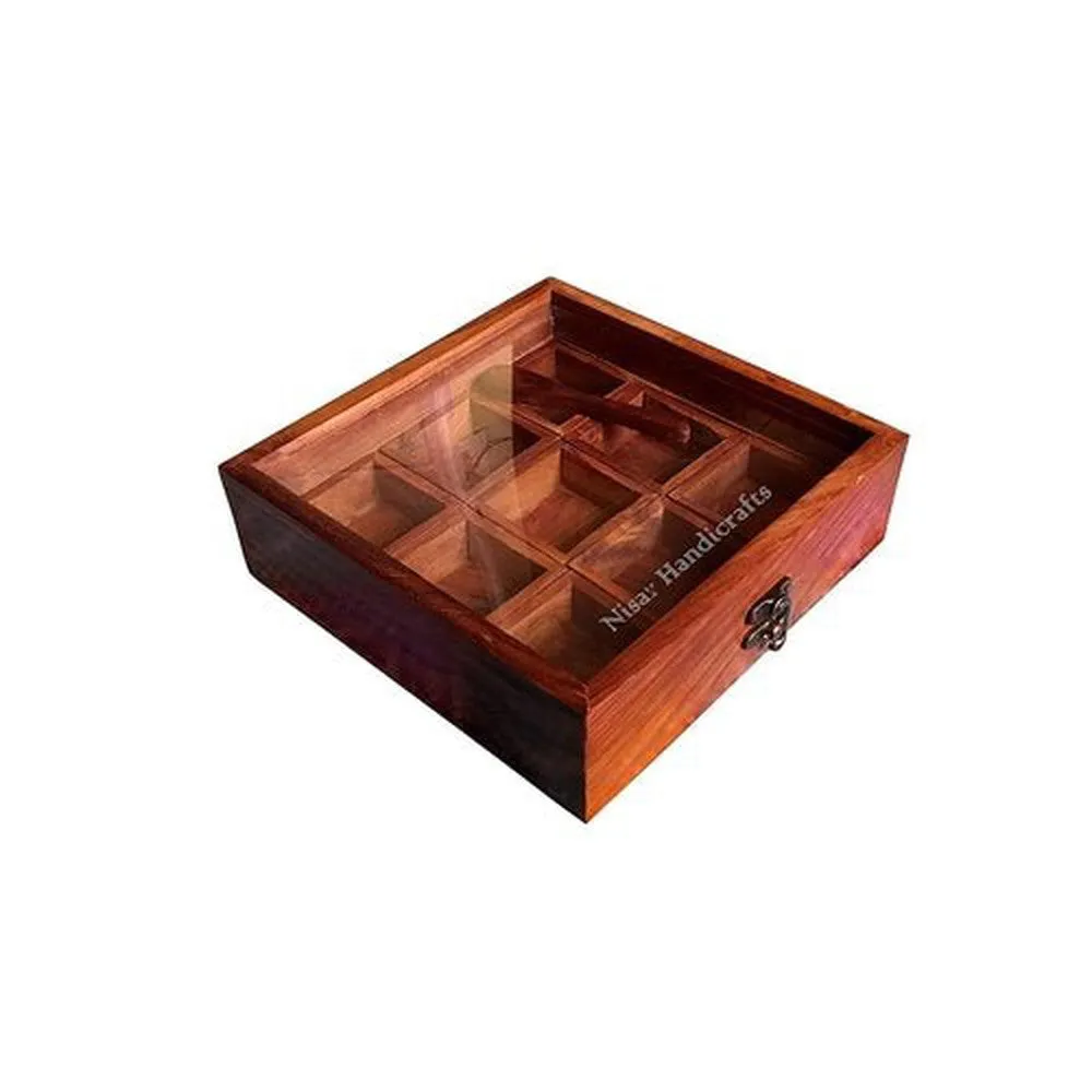 Handmade Square Masala Spice Box 9 Compartments with Small Spoon