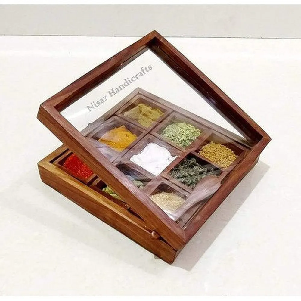 Handmade Square Masala Spice Box 9 Compartments with Small Spoon