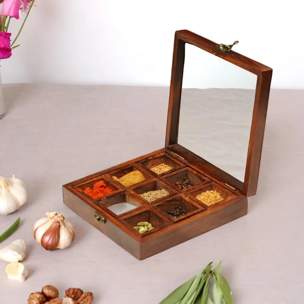 Handmade Square Masala Spice Box 9 Compartments with Small Spoon