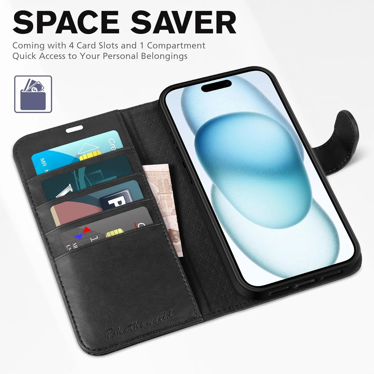 iPhone 15 4 Card Holder Kickstand PU Leather Magnetic Closure Protective Flip Cover