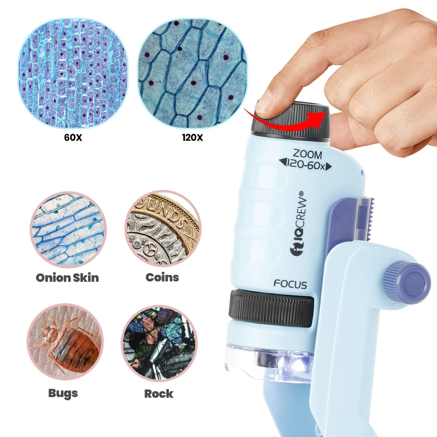 IQCrew By AmScope Fossil Discoverer Series Set featuring 60X-120X Magnification Portable LED Kid's Handheld Microscope, Fossil Dig Kit, 18-Piece Premium Fossil Specimens and more