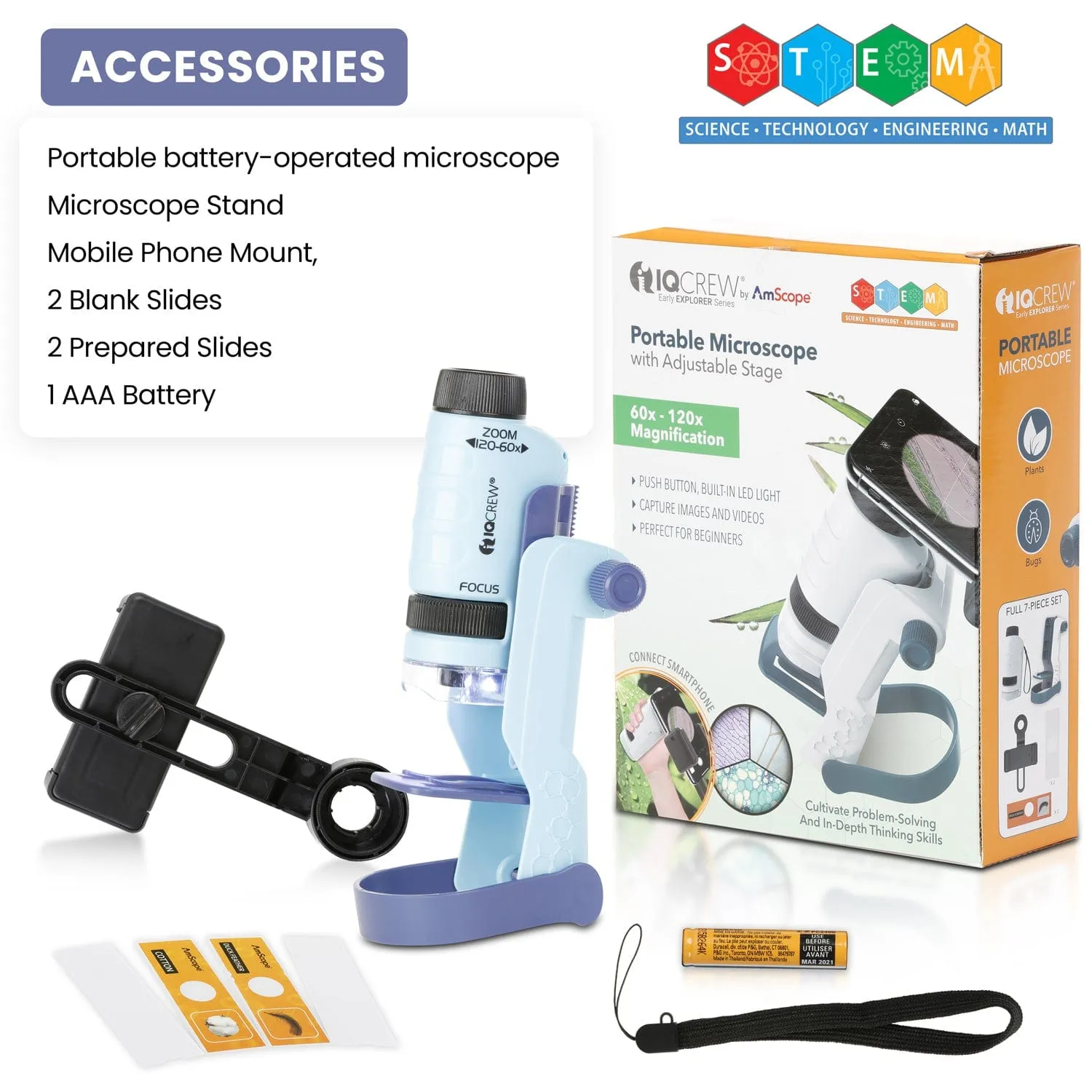 IQCrew By AmScope Fossil Discoverer Series Set featuring 60X-120X Magnification Portable LED Kid's Handheld Microscope, Fossil Dig Kit, 18-Piece Premium Fossil Specimens and more