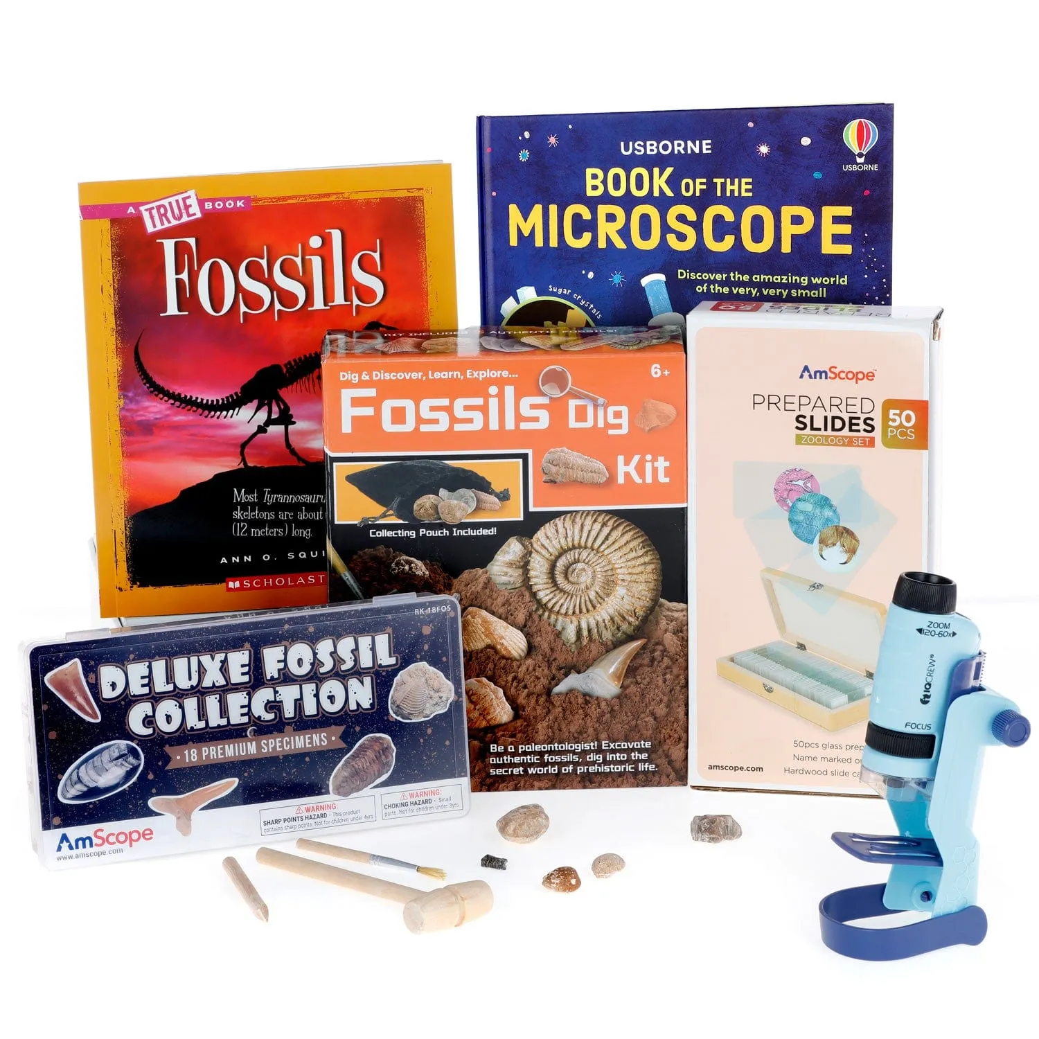 IQCrew By AmScope Fossil Discoverer Series Set featuring 60X-120X Magnification Portable LED Kid's Handheld Microscope, Fossil Dig Kit, 18-Piece Premium Fossil Specimens and more