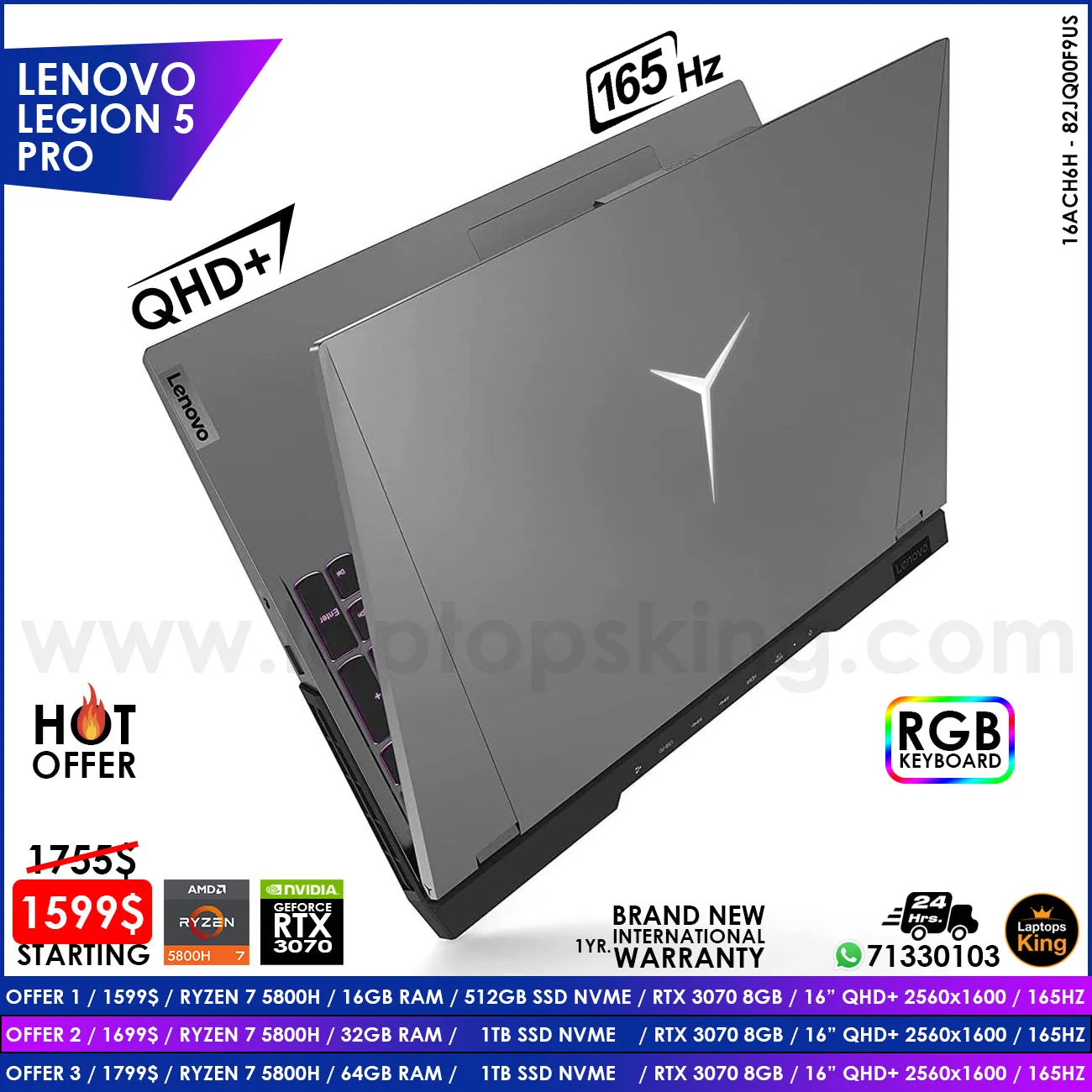 Lenovo Legion 5 Pro 16ACH6H - 82JQ00F9US Ryzen 7 5800h Rtx 3070 165Hz 16" Qhd  Gaming Laptops (Brand New)