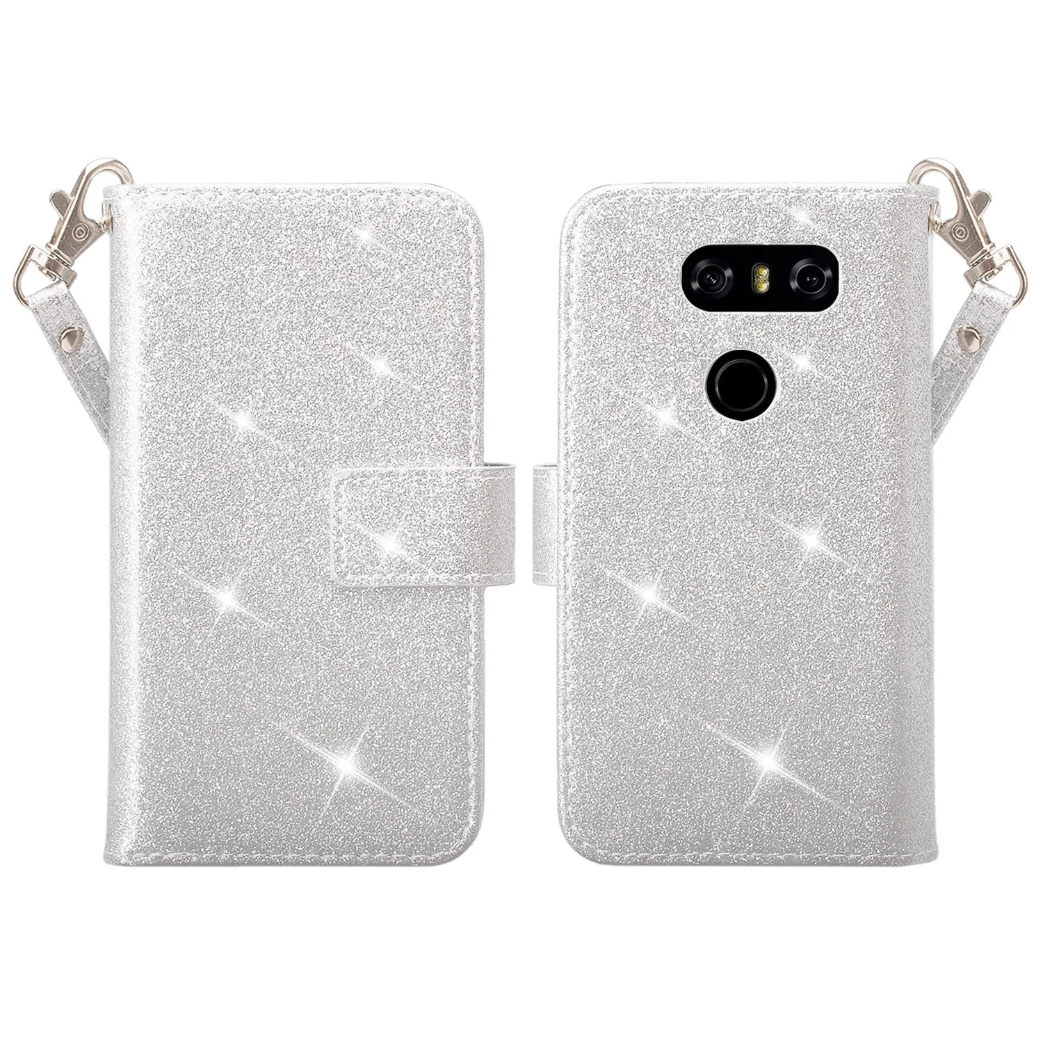 LG V30 Case, V30 Plus, [Wrist Strap] Glitter Faux Leather Flip [Kickstand Feature] Protective Wallet Wristlet Cover - Silver