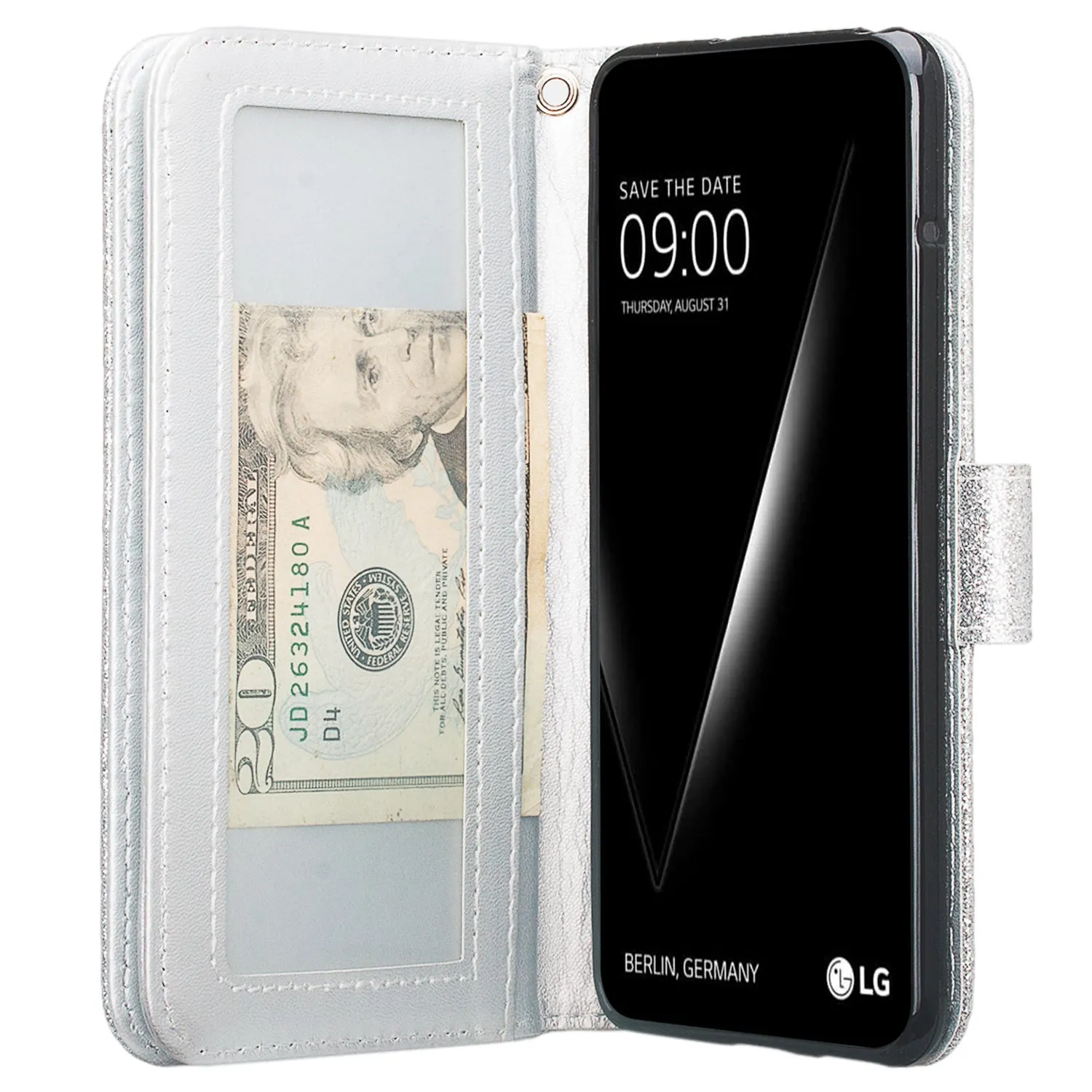 LG V30 Case, V30 Plus, [Wrist Strap] Glitter Faux Leather Flip [Kickstand Feature] Protective Wallet Wristlet Cover - Silver