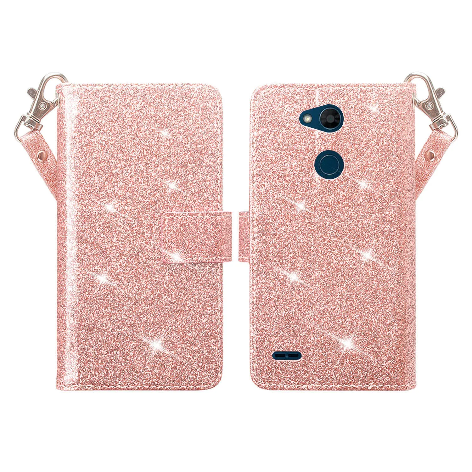 LG X Power 3 Case, X Power 3, [Wrist Strap] Glitter Faux Leather Flip [Kickstand Feature] Protective Wallet Case Clutch - Rose Gold