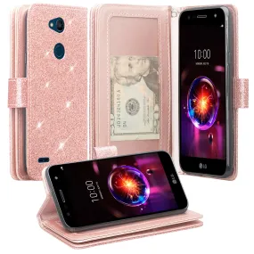 LG X Power 3 Case, X Power 3, [Wrist Strap] Glitter Faux Leather Flip [Kickstand Feature] Protective Wallet Case Clutch - Rose Gold