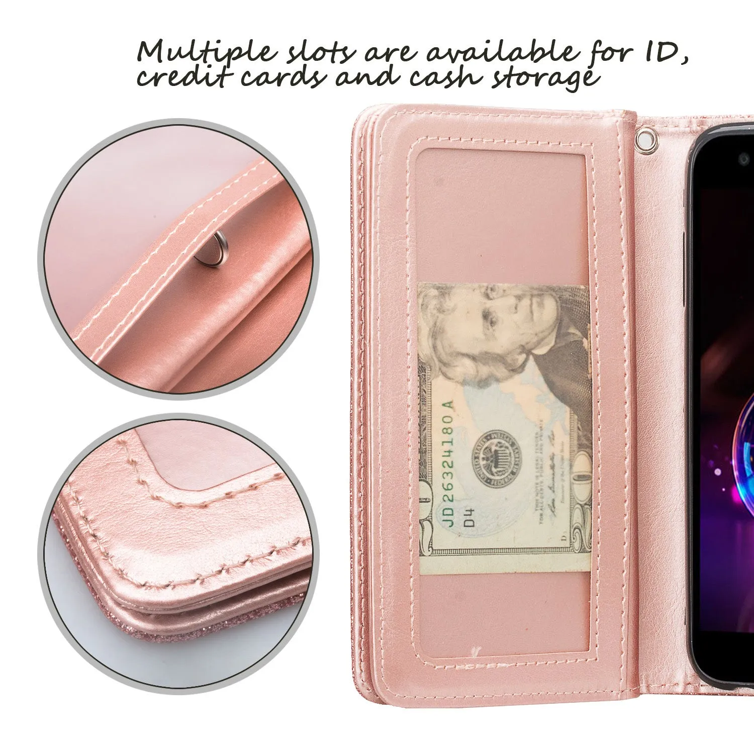 LG X Power 3 Case, X Power 3, [Wrist Strap] Glitter Faux Leather Flip [Kickstand Feature] Protective Wallet Case Clutch - Rose Gold