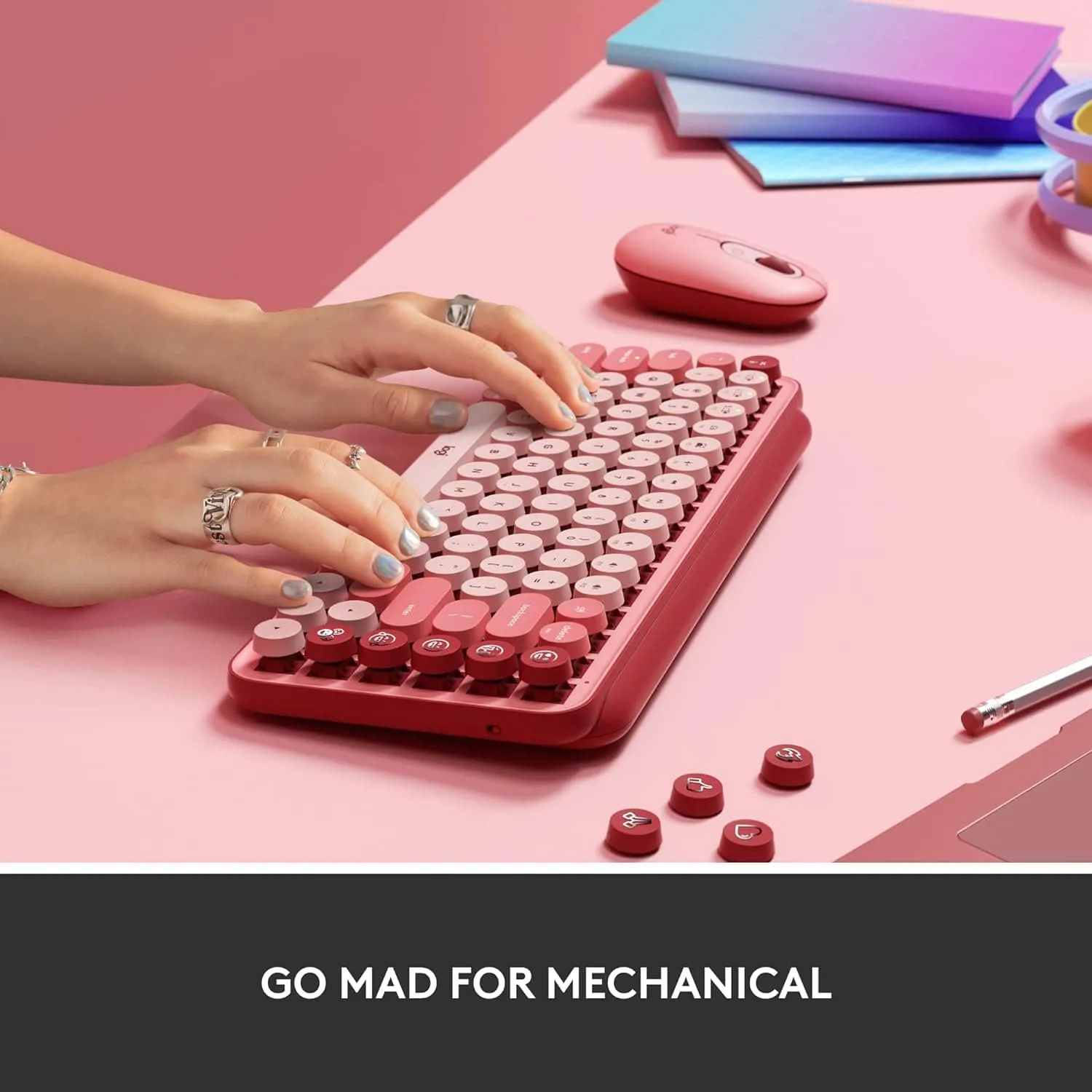 Logitech POP Keys Mechanical Wireless Keyboard with Customisable Emoji Keys, Durable Compact Design, Bluetooth or USB Connectivity, Multi-Device, OS Compatible - Heartbreaker