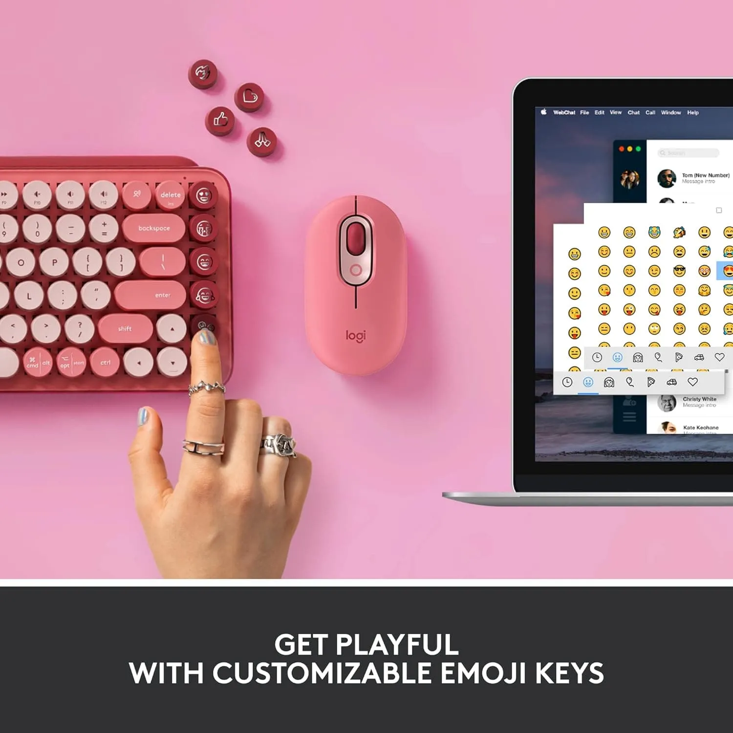 Logitech POP Keys Mechanical Wireless Keyboard with Customisable Emoji Keys, Durable Compact Design, Bluetooth or USB Connectivity, Multi-Device, OS Compatible - Heartbreaker