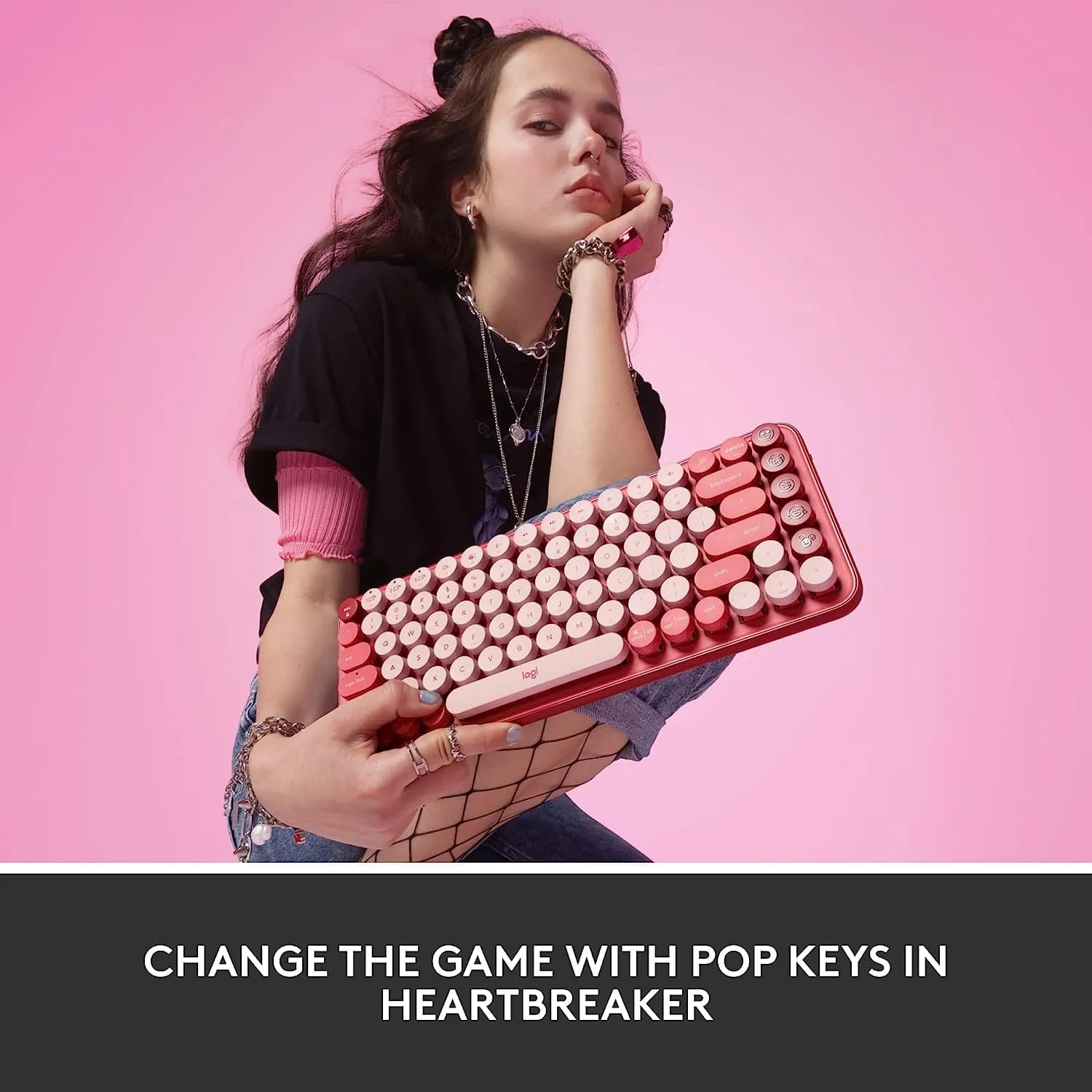 Logitech POP Keys Mechanical Wireless Keyboard with Customisable Emoji Keys, Durable Compact Design, Bluetooth or USB Connectivity, Multi-Device, OS Compatible - Heartbreaker