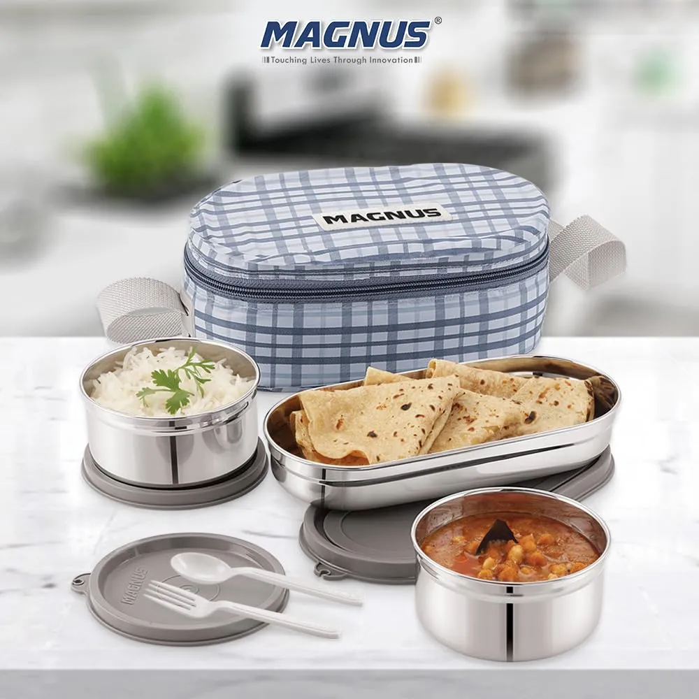 Magnus Deli 3 Prime Stainless Steel Lunch Box Set - Leakproof, BPA-Free, Hot Food Safe, Air-Tight Seal, Grey Lunch Box for Kids & Lunch Boxes for Office Men & Women, Ideal for School & Office