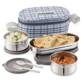 Magnus Deli 3 Prime Stainless Steel Lunch Box Set - Leakproof, BPA-Free, Hot Food Safe, Air-Tight Seal, Grey Lunch Box for Kids & Lunch Boxes for Office Men & Women, Ideal for School & Office