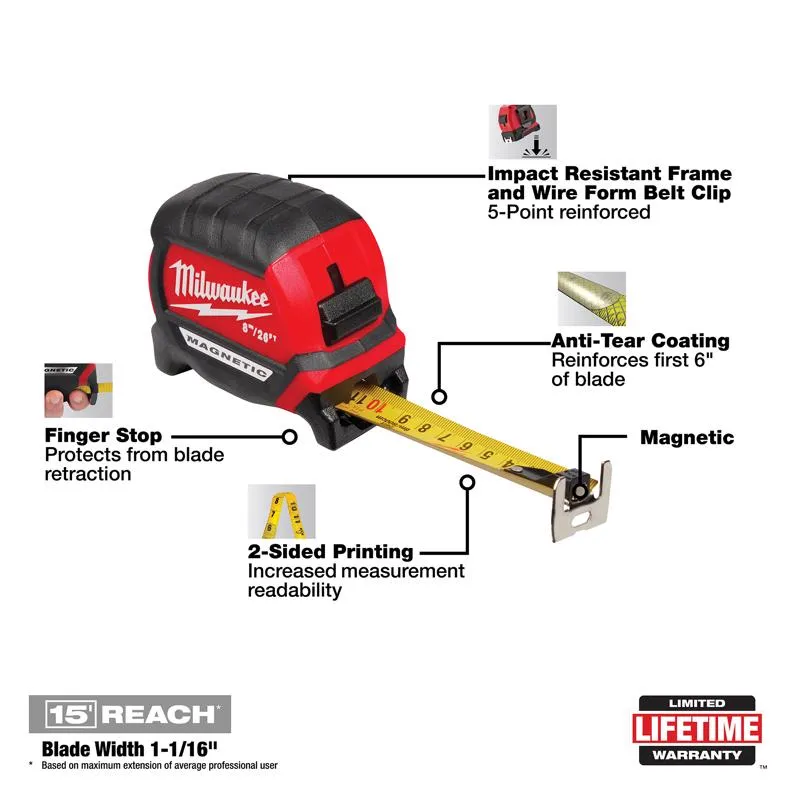 Milwaukee 26 ft. L X 1 in. W Compact Wide Blade Magnetic Tape Measure 1 pk