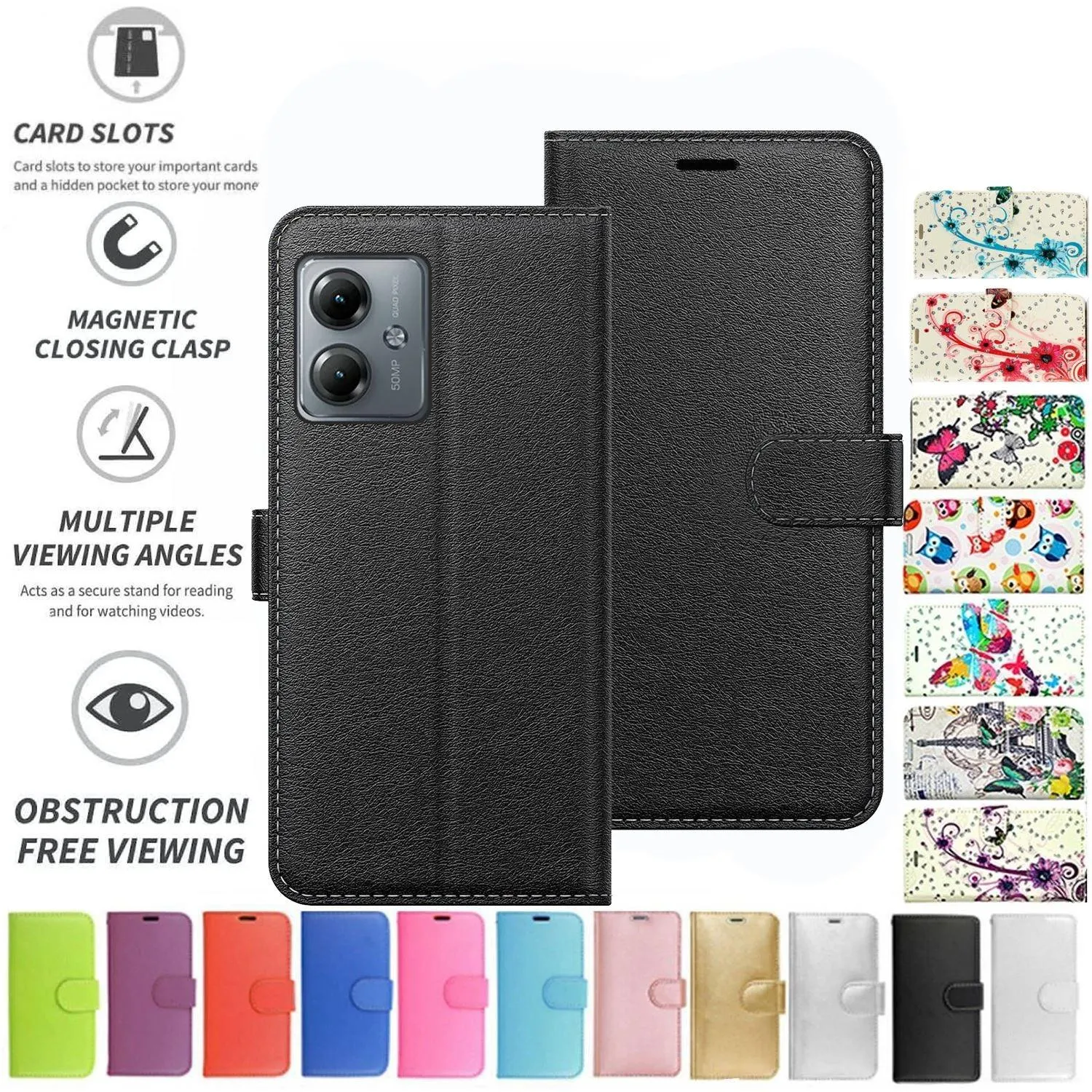 Motorola Moto G14 Case Cover Flip Folio Leather Wallet Credit Card Slot