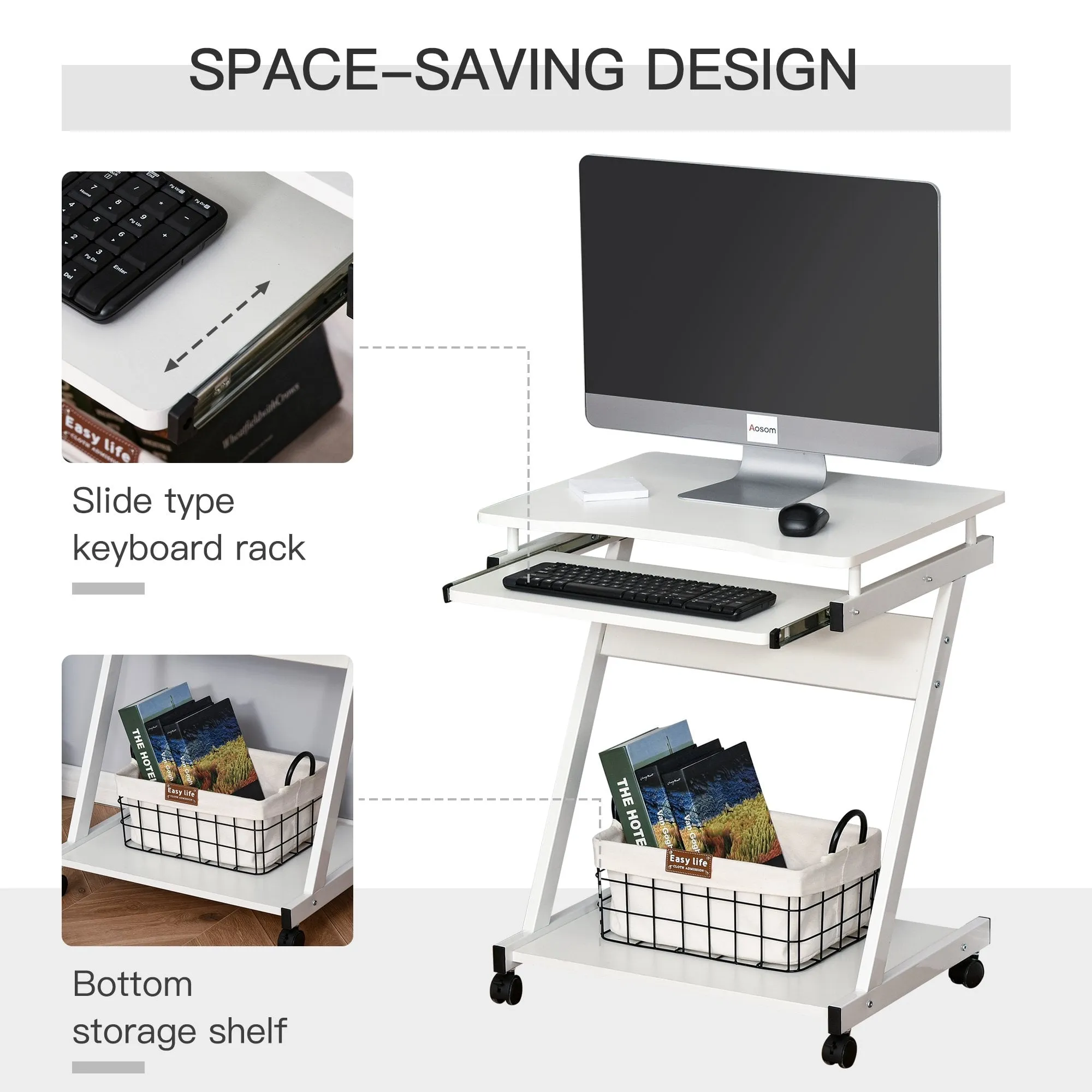 Movable Computer Desk with 4 Moving Wheels Sliding Keyboard Tray Home Office Workstation White