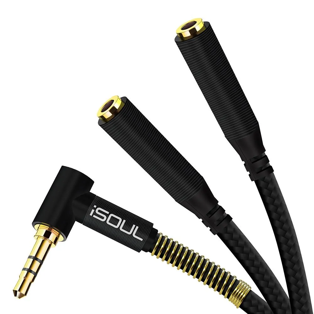 Nylon Braided LShape 3.5mm Audio Jack Dual Splitter Cable Black Silver