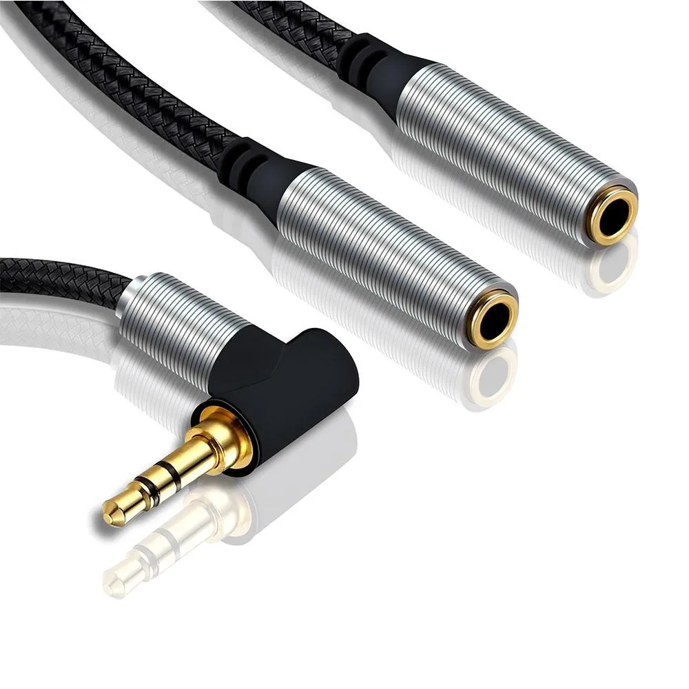 Nylon Braided LShape 3.5mm Audio Jack Dual Splitter Cable Black Silver