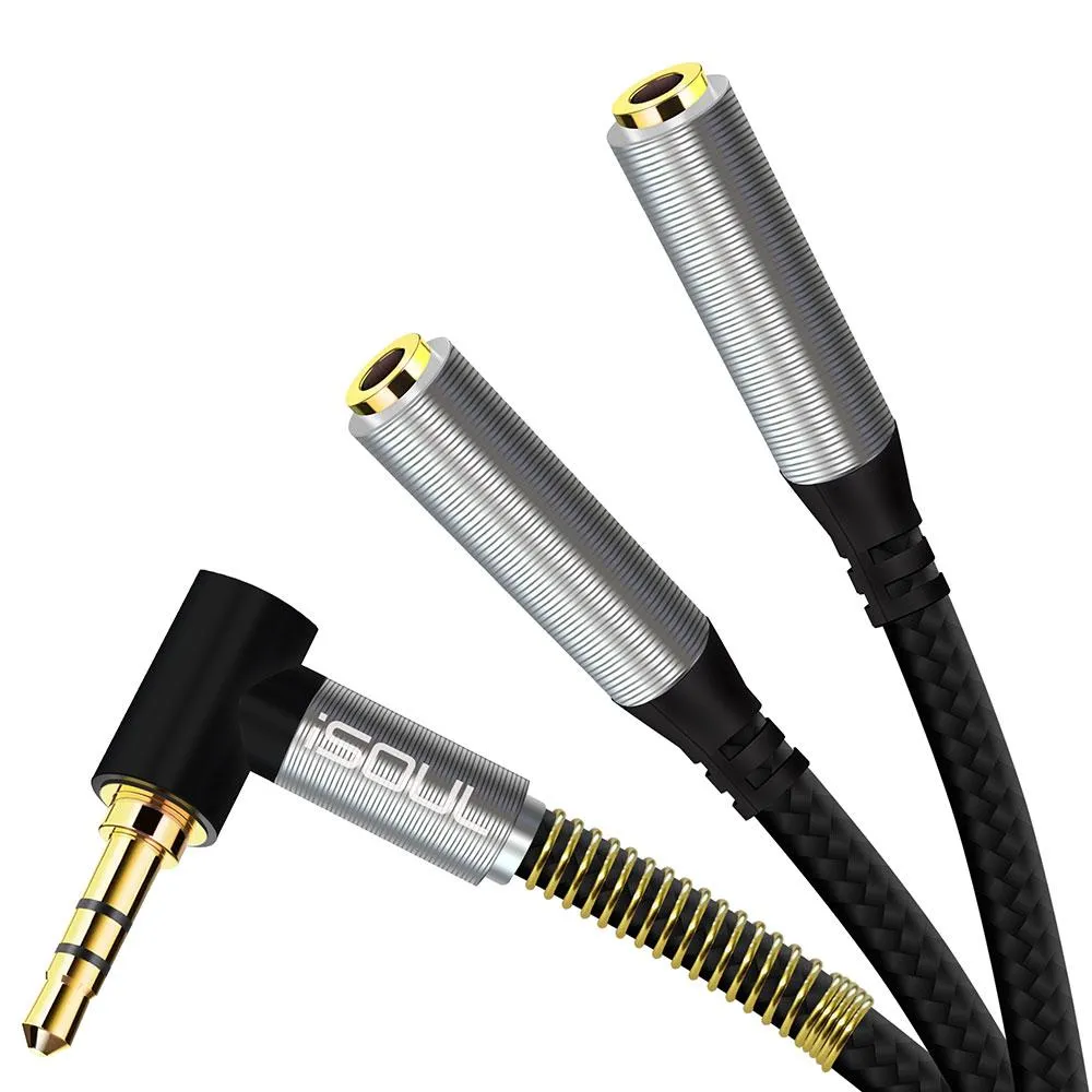 Nylon Braided LShape 3.5mm Audio Jack Dual Splitter Cable Black Silver