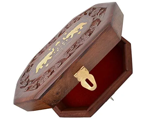 OM SHRI OM Decorative Elephant Floral Handmade Wooden Box Jewelry Organizer Keepsake Storage