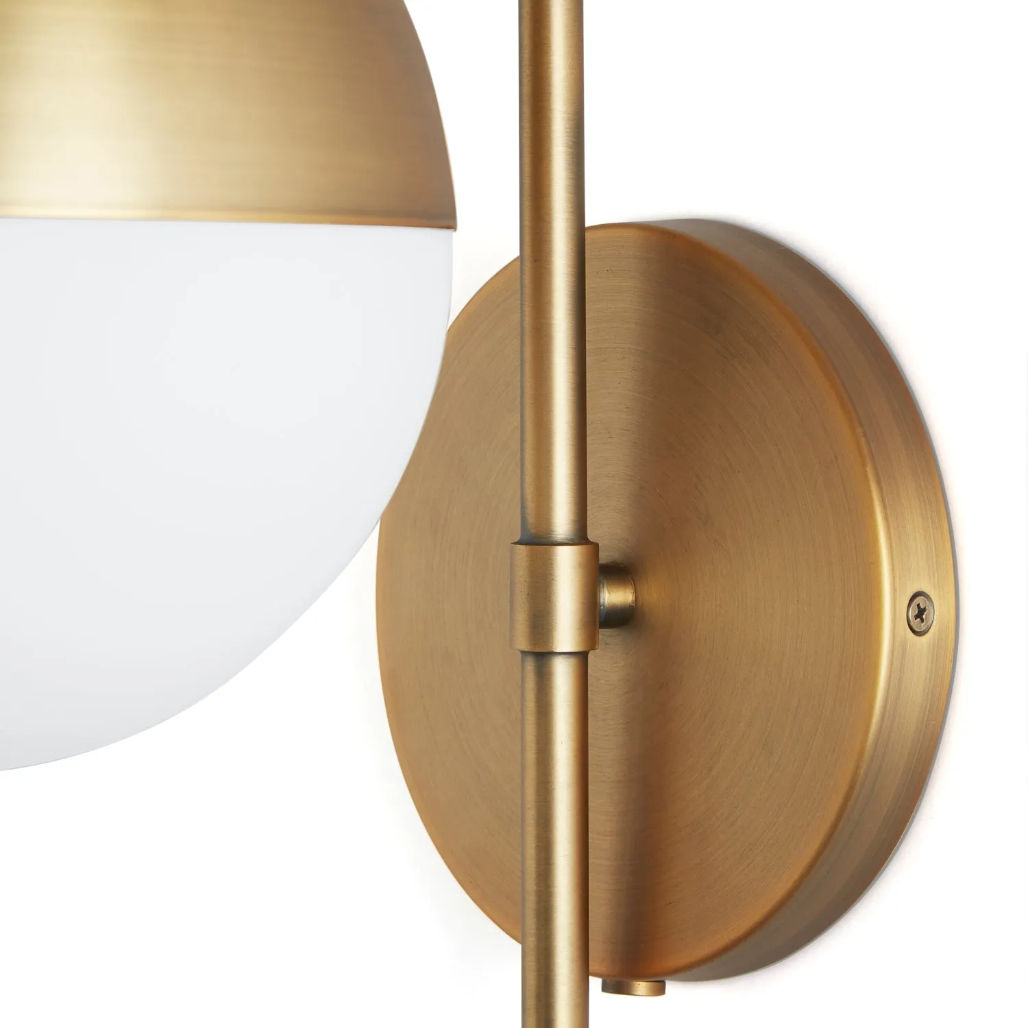 Open Box Powell LED Wall Sconce with Hooded White Globe, Aged Brass