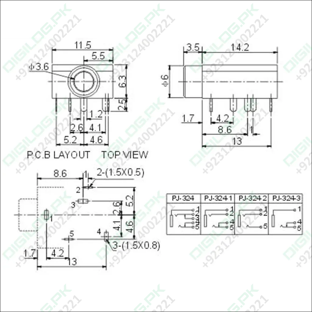 Pj-324 Pcb Mount Female Audio Connector Dip Stereo Headphone Jack