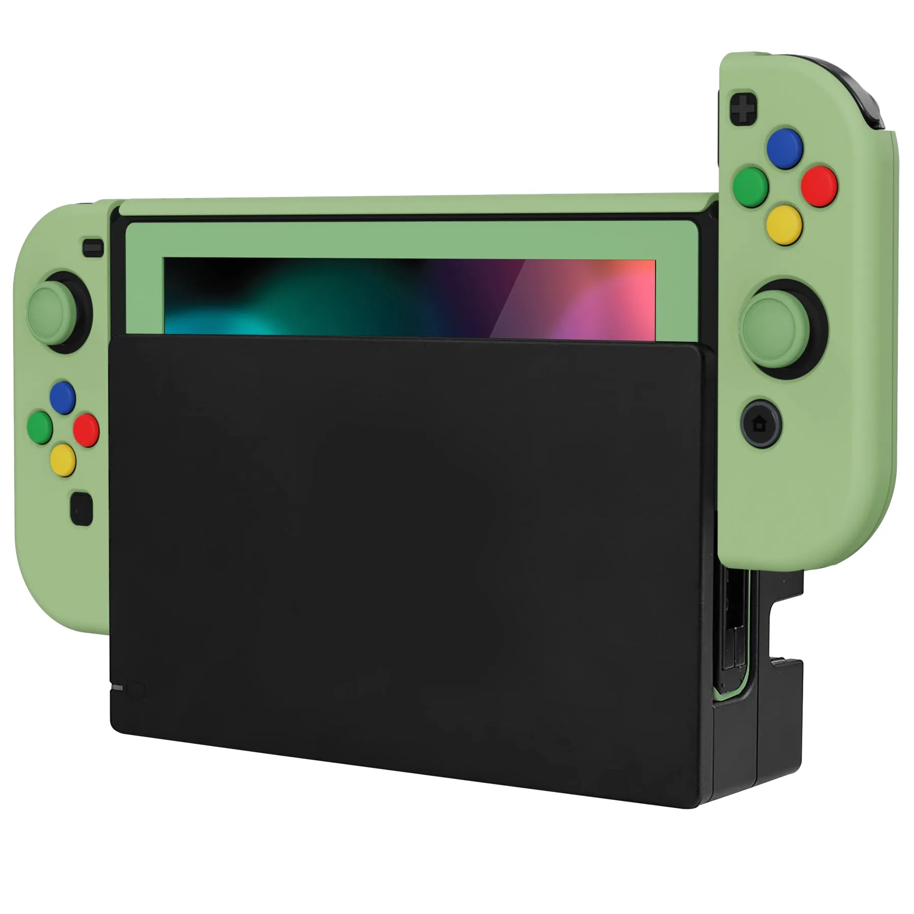 PlayVital AlterGrips Dockable Protective Case Ergonomic Grip Cover for Nintendo Switch, Interchangeable Joycon Cover w/Screen Protector & Thumb Grip Caps & Button Caps - Matcha Green - TNSYP3005