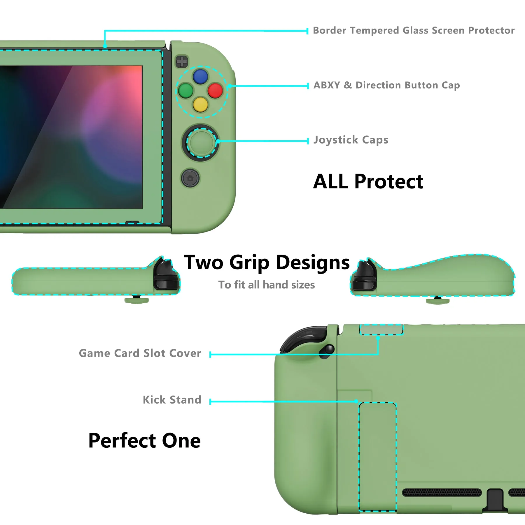 PlayVital AlterGrips Dockable Protective Case Ergonomic Grip Cover for Nintendo Switch, Interchangeable Joycon Cover w/Screen Protector & Thumb Grip Caps & Button Caps - Matcha Green - TNSYP3005