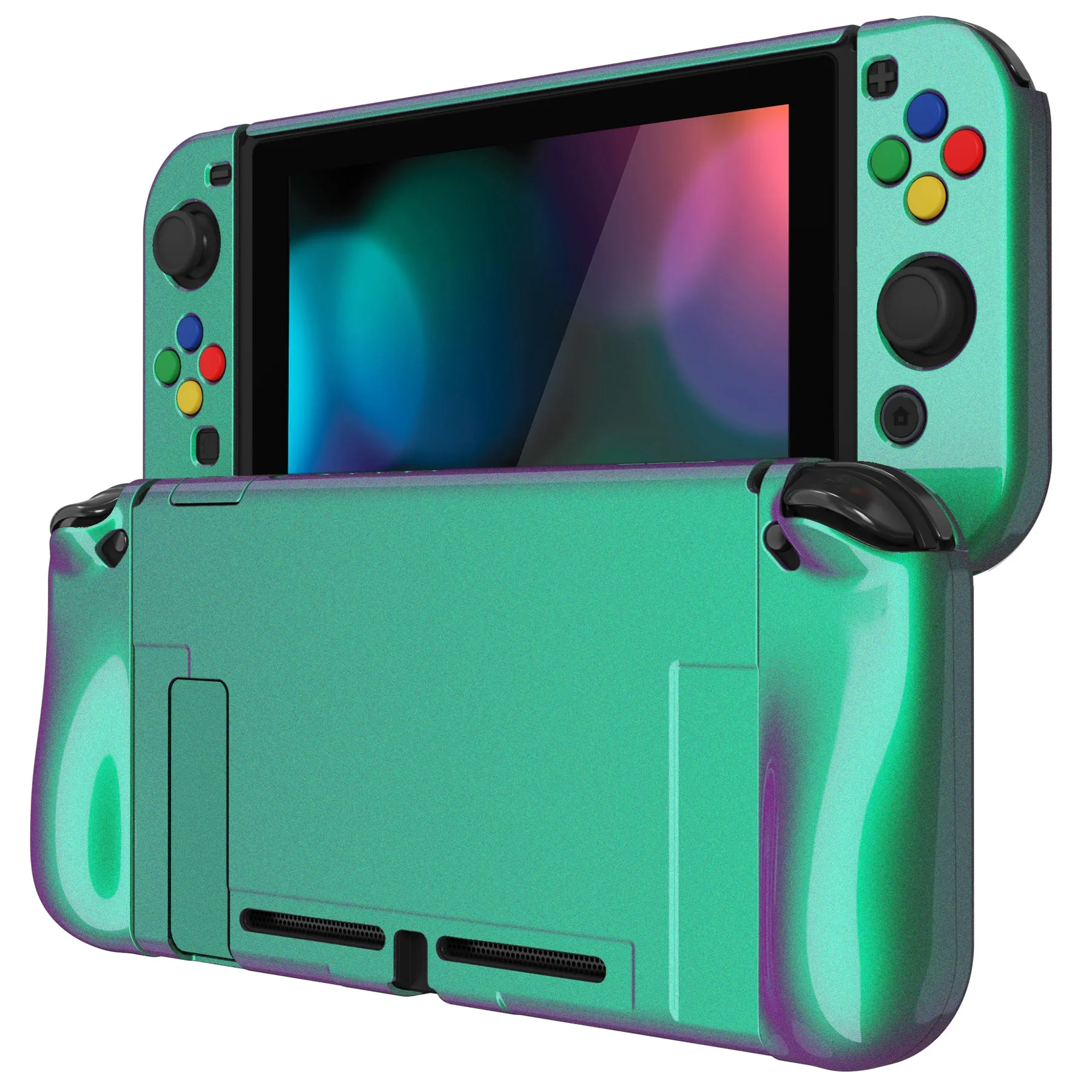 PlayVital AlterGrips Glossy Dockable Protective Case Ergonomic Grip Cover for Nintendo Switch, Interchangeable Joycon Cover w/Screen Protector & Thumb Grip Caps & Button Caps - Chameleon Green Purple - TNSYP3002