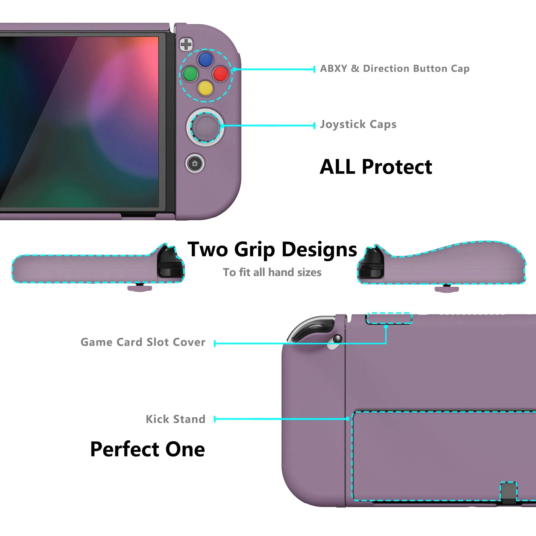 PlayVital AlterGrips Protective Slim Case for Nintendo Switch OLED, Ergonomic Grip Cover for Joycon, Dockable Hard Shell for Switch OLED w/Thumb Grip Caps & Button Caps - Dark Grayish Violet - JSOYP3006