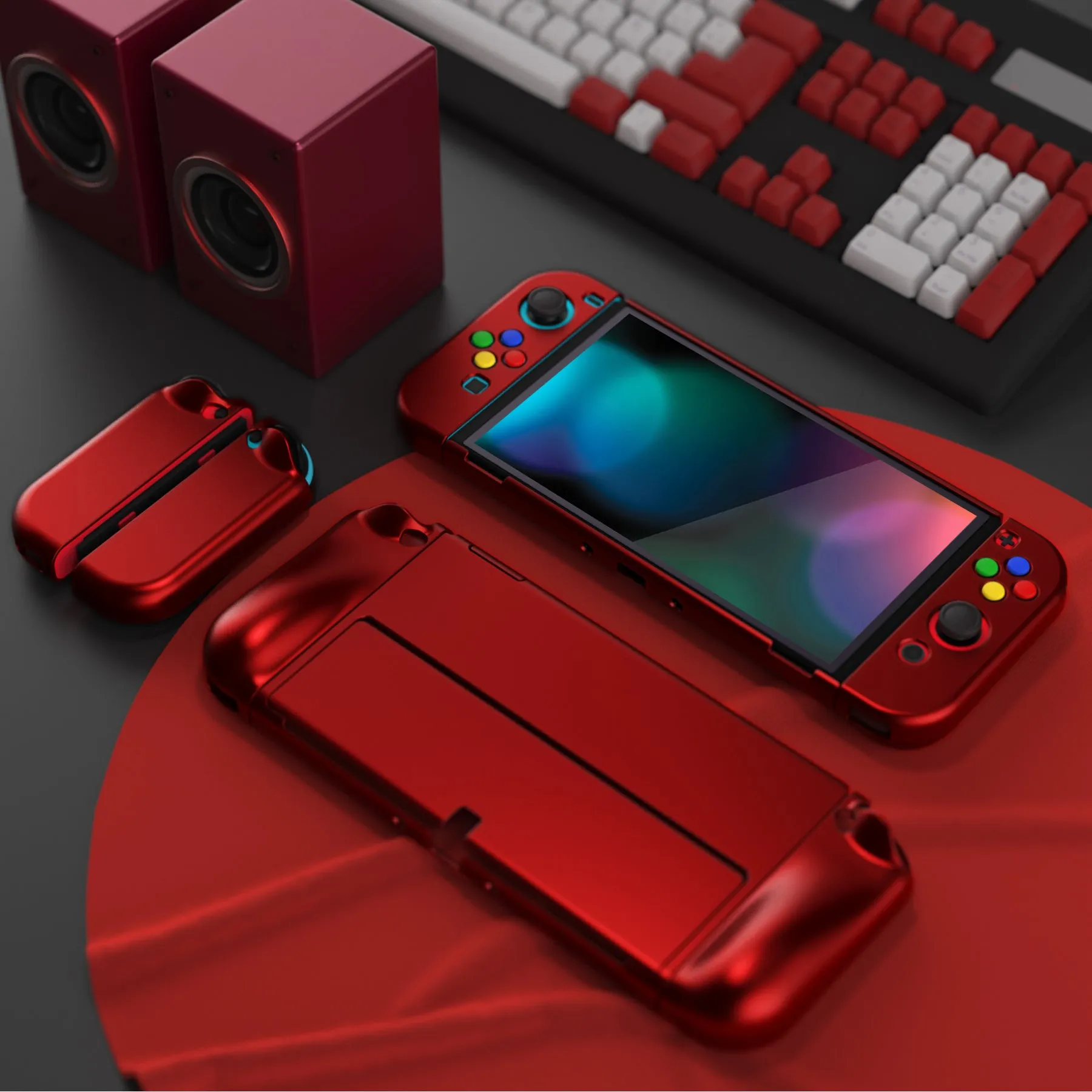 PlayVital AlterGrips Protective Slim Case for Nintendo Switch OLED, Ergonomic Grip Cover for Joycon, Dockable Hard Shell for Switch OLED w/Thumb Grip Caps & Button Caps - Scarlet Red - JSOYP3004