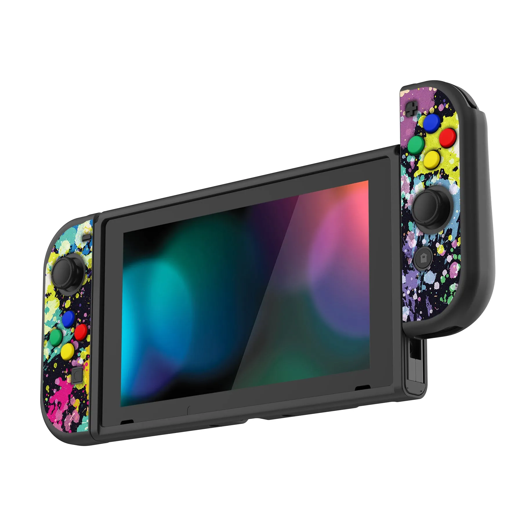 PlayVital Watercolour Splash Protective Case for NS, Soft TPU Slim Case Cover for NS Joycon Console with Colorful ABXY Direction Button Caps - NTU6016G2