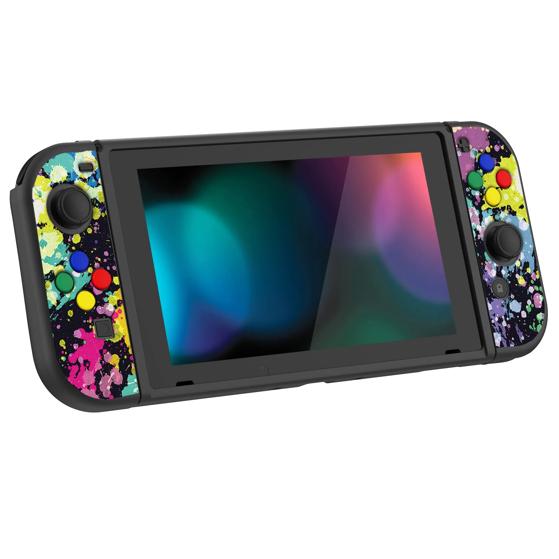 PlayVital Watercolour Splash Protective Case for NS, Soft TPU Slim Case Cover for NS Joycon Console with Colorful ABXY Direction Button Caps - NTU6016G2