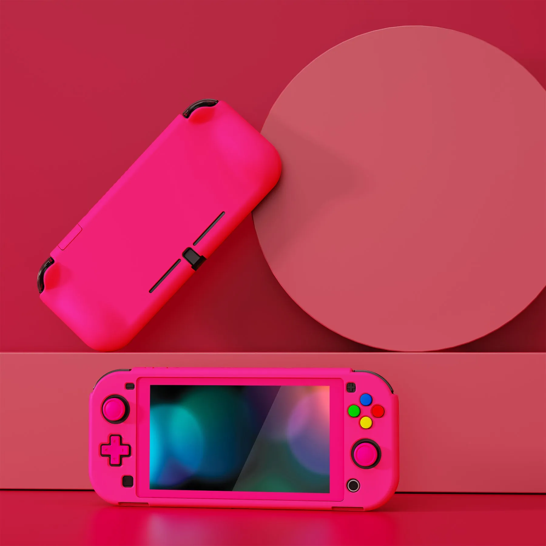 PlayVital ZealProtect Protective Case for Nintendo Switch Lite, Hard Shell Ergonomic Grip Cover for Switch Lite with Screen Protector & Thumb Grip Caps & Button Caps - Bright Pink - PSLYP3016