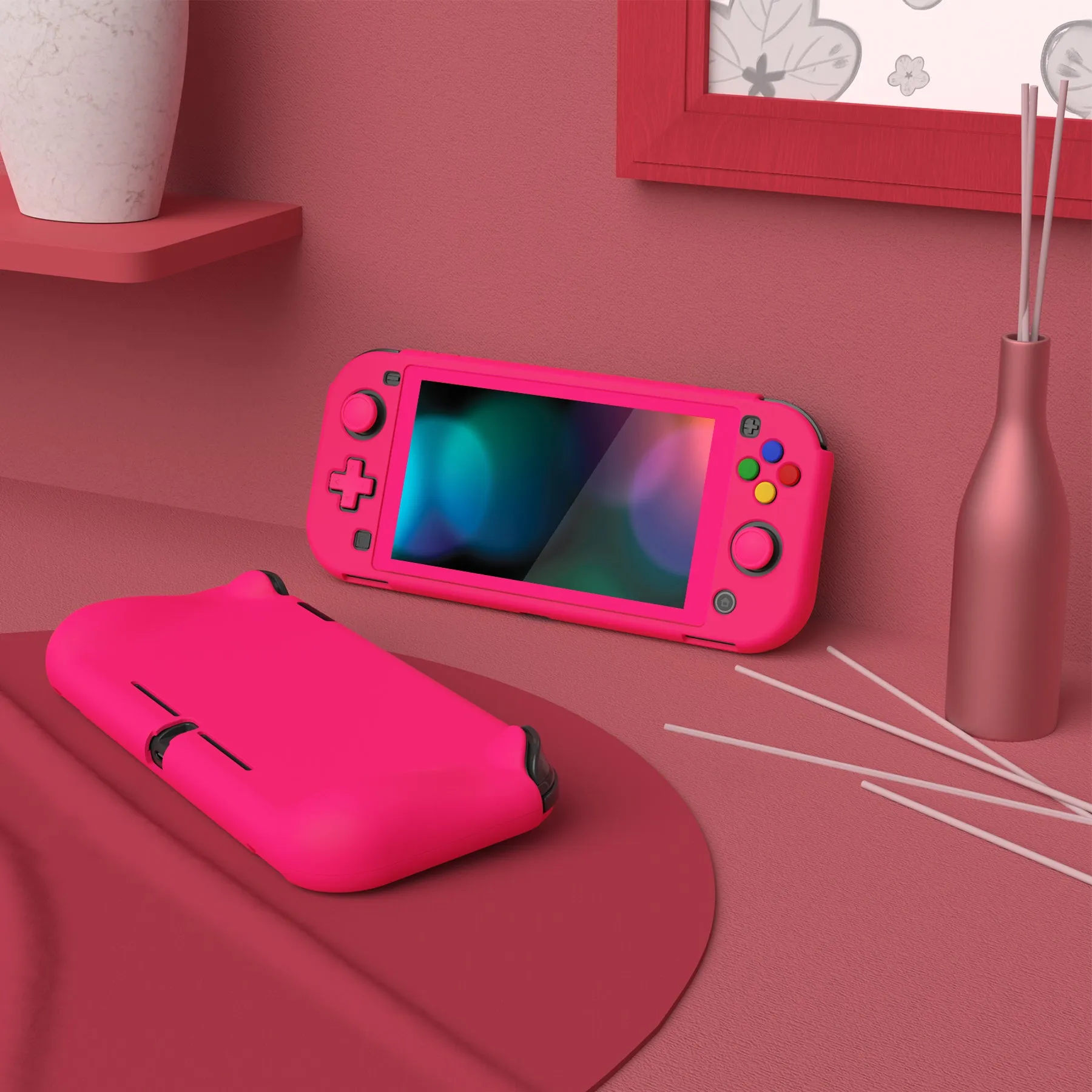 PlayVital ZealProtect Protective Case for Nintendo Switch Lite, Hard Shell Ergonomic Grip Cover for Switch Lite with Screen Protector & Thumb Grip Caps & Button Caps - Bright Pink - PSLYP3016