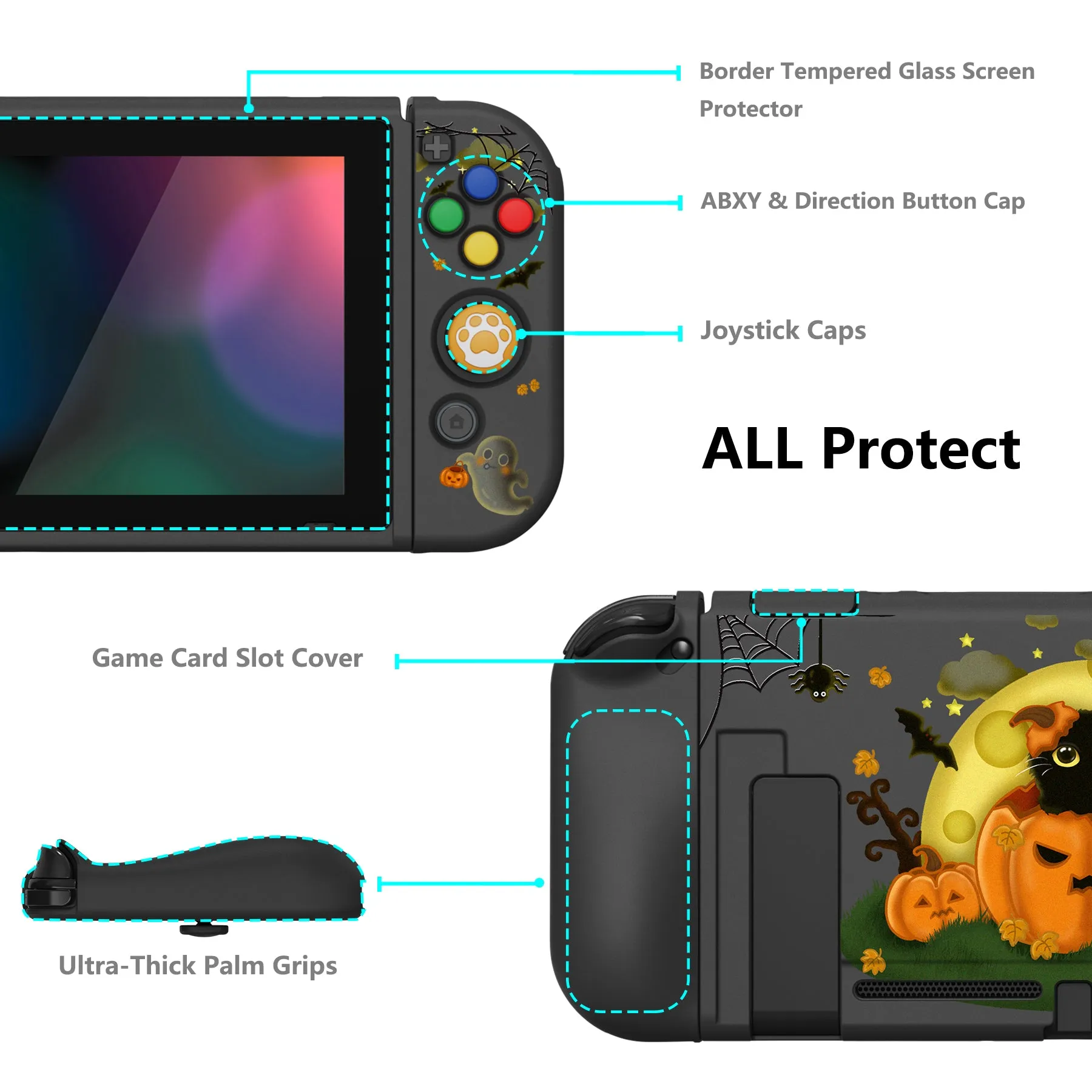 PlayVital ZealProtect Soft Protective Case for Nintendo Switch, Flexible Cover Protector for Nintendo Switch with Tempered Glass Screen Protector & Thumb Grip Caps & ABXY Direction Button Caps - Moon Night Halloween - RNSYV6026