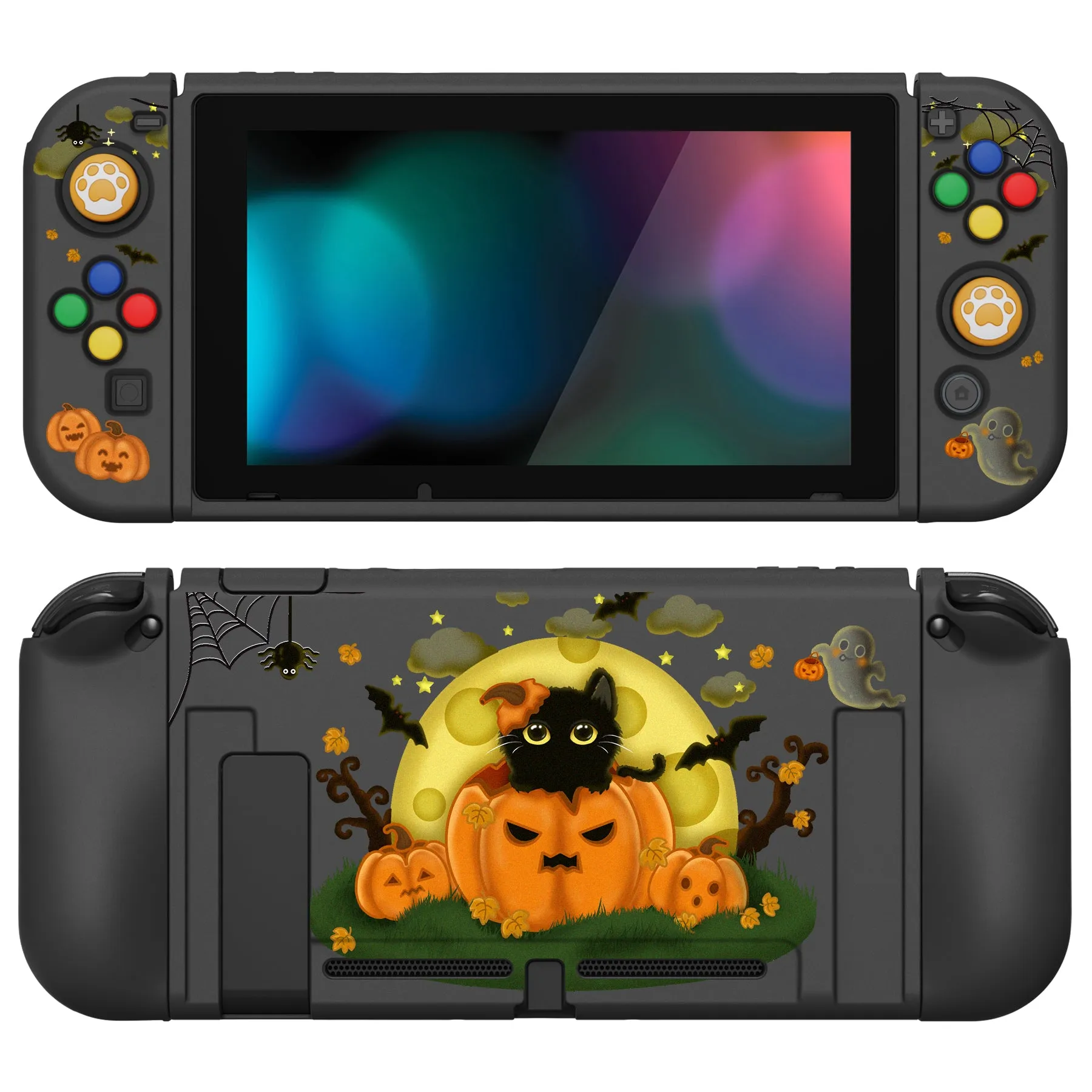 PlayVital ZealProtect Soft Protective Case for Nintendo Switch, Flexible Cover Protector for Nintendo Switch with Tempered Glass Screen Protector & Thumb Grip Caps & ABXY Direction Button Caps - Moon Night Halloween - RNSYV6026