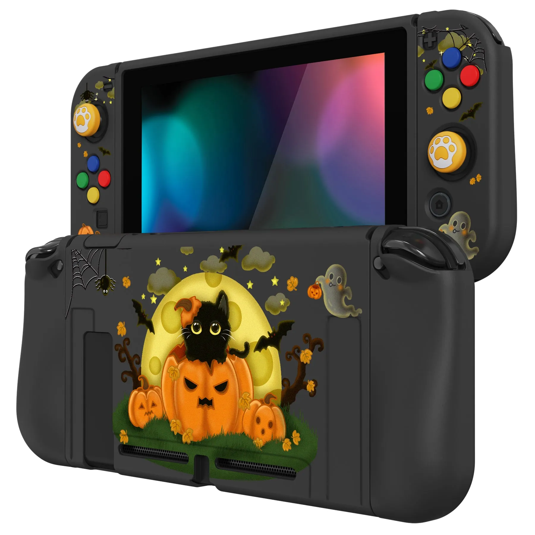 PlayVital ZealProtect Soft Protective Case for Nintendo Switch, Flexible Cover Protector for Nintendo Switch with Tempered Glass Screen Protector & Thumb Grip Caps & ABXY Direction Button Caps - Moon Night Halloween - RNSYV6026