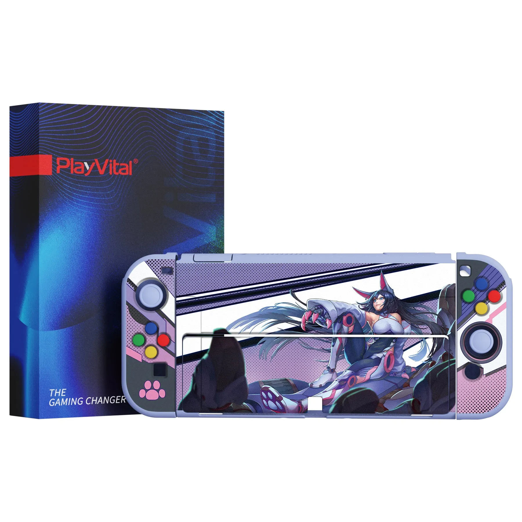 PlayVital ZealProtect Soft Protective Case for Switch OLED, Flexible Protector Joycon Grip Cover for Switch OLED with Thumb Grip Caps & ABXY Direction Button Caps - Neko Mecha - XSOYV6026